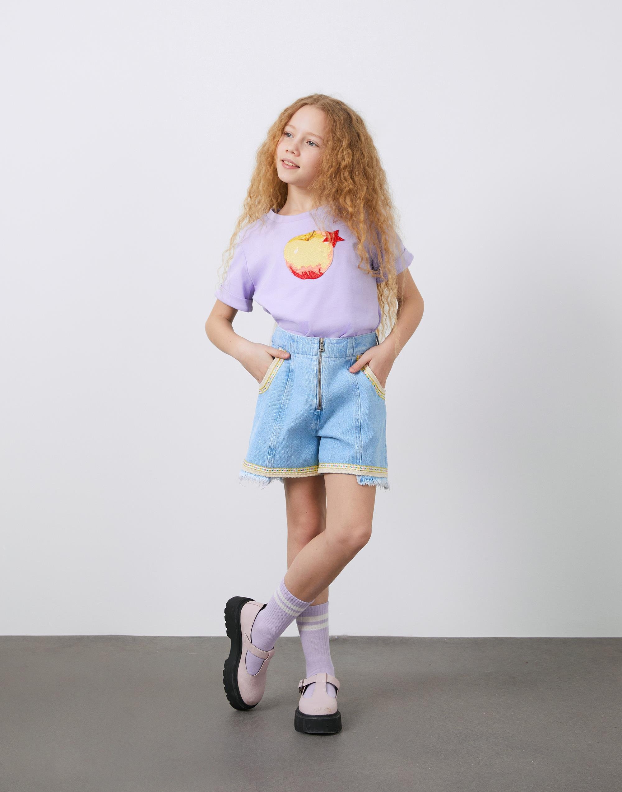 Şerit Detaylı Beli Lastik Kız Çocuk Jean Şort - junior, designer dresses, bachelorette, party dresses and graduation dresses.