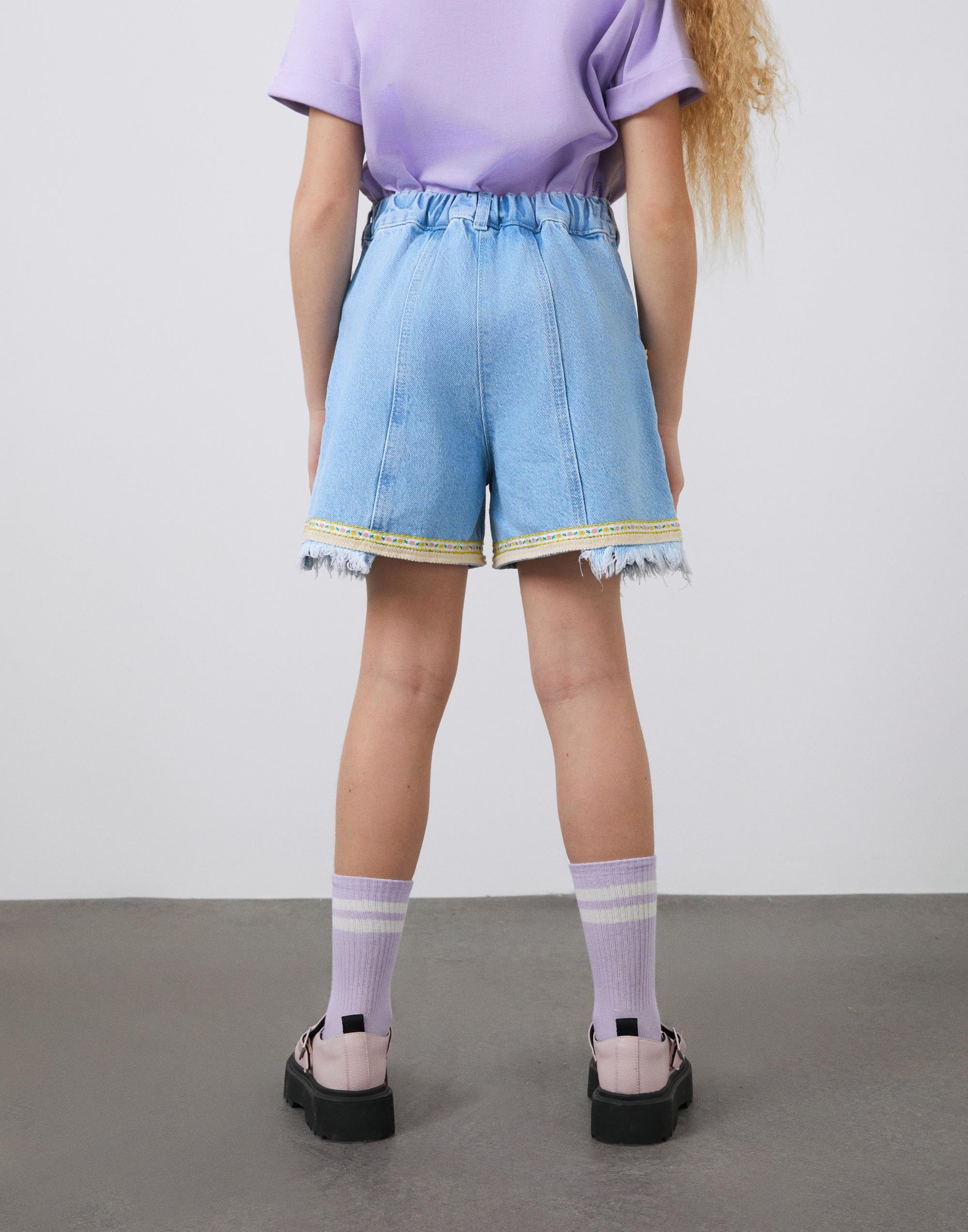 Şerit Detaylı Beli Lastik Kız Çocuk Jean Şort - junior, designer dresses, bachelorette, party dresses and graduation dresses.