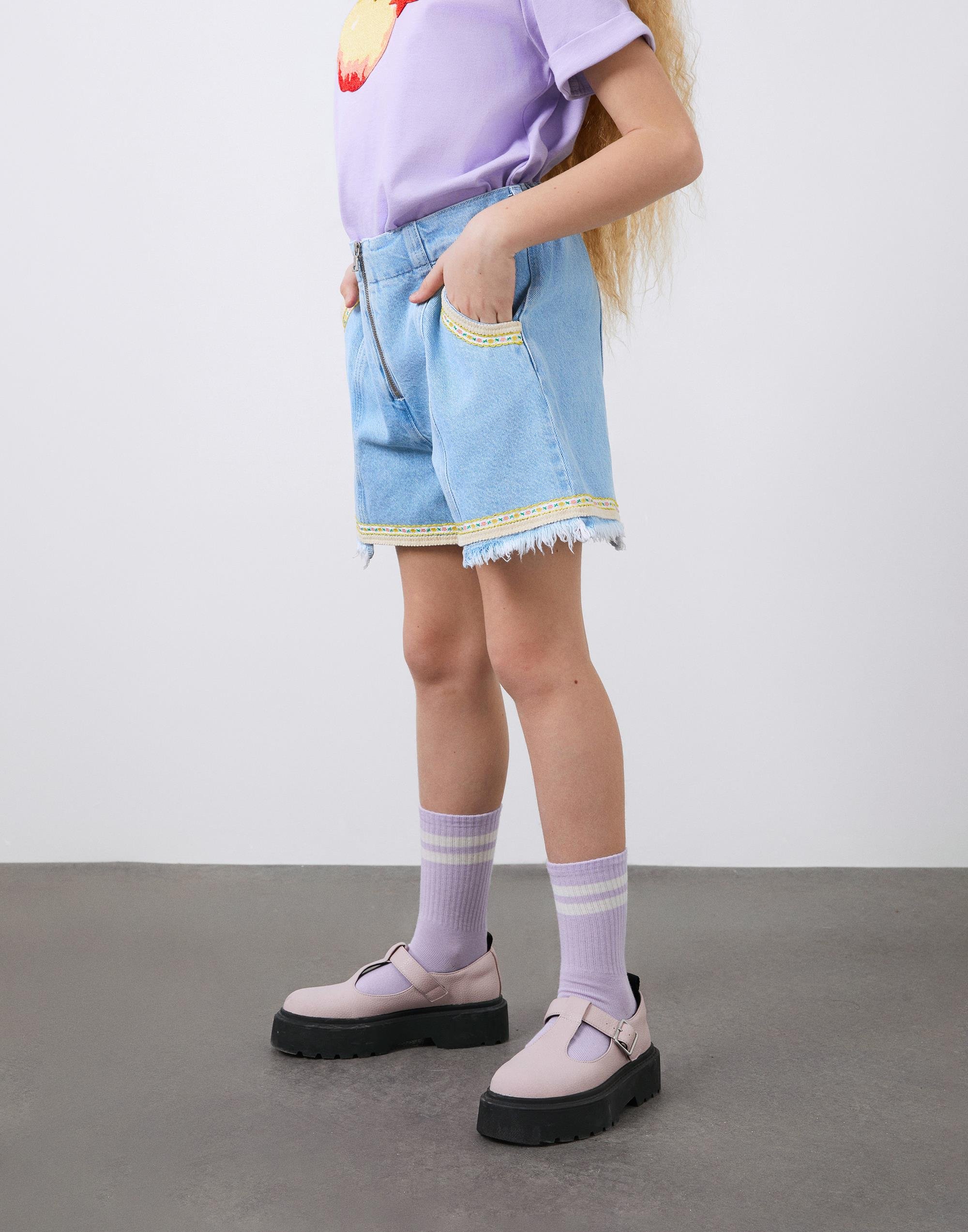 Şerit Detaylı Beli Lastik Kız Çocuk Jean Şort - junior, designer dresses, bachelorette, party dresses and graduation dresses.