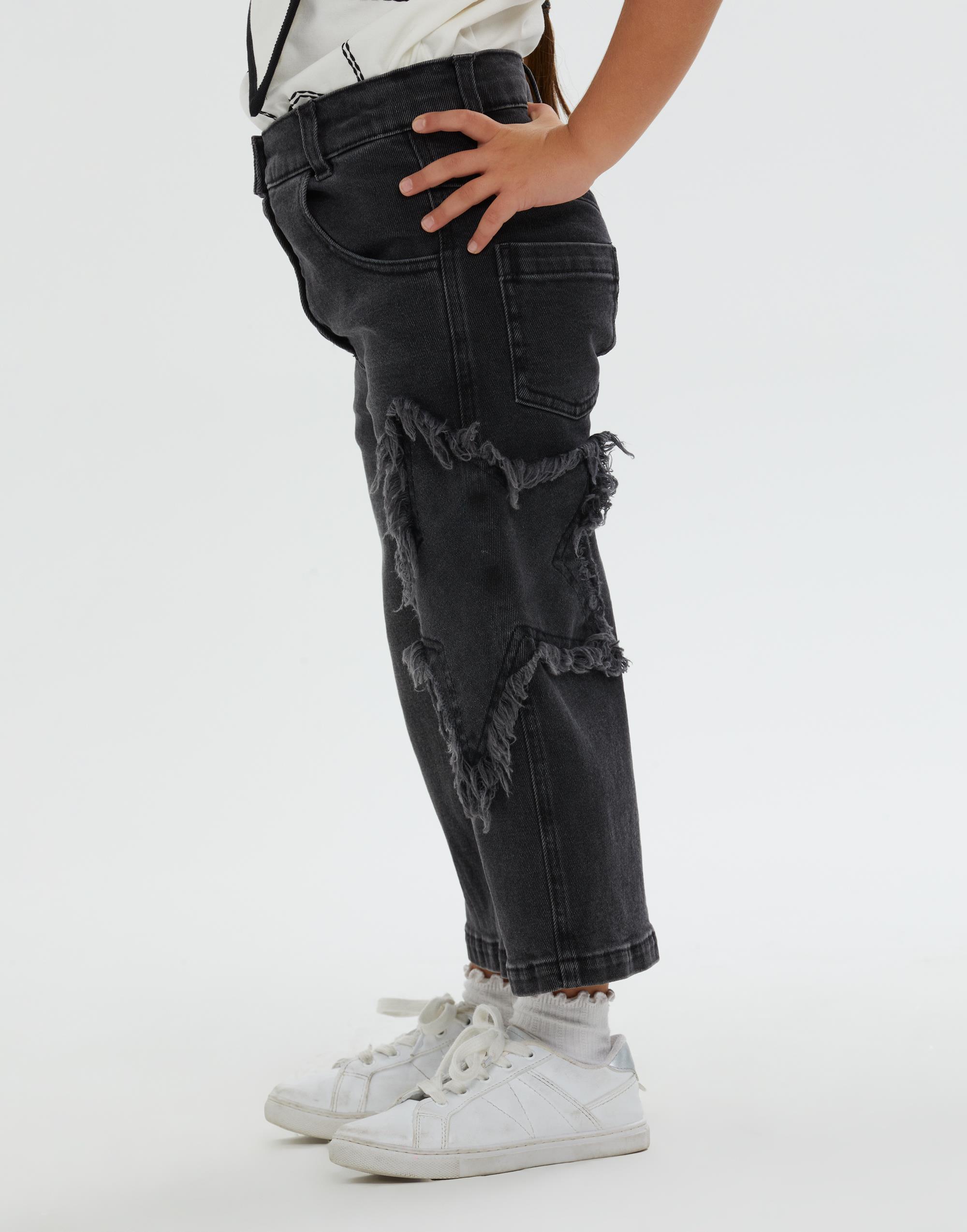 Sol Paçada Yıldız Detaylı Siyah Kız Çocuk Denim Pantolon - junior, designer dresses, bachelorette, party dresses and graduation dresses.