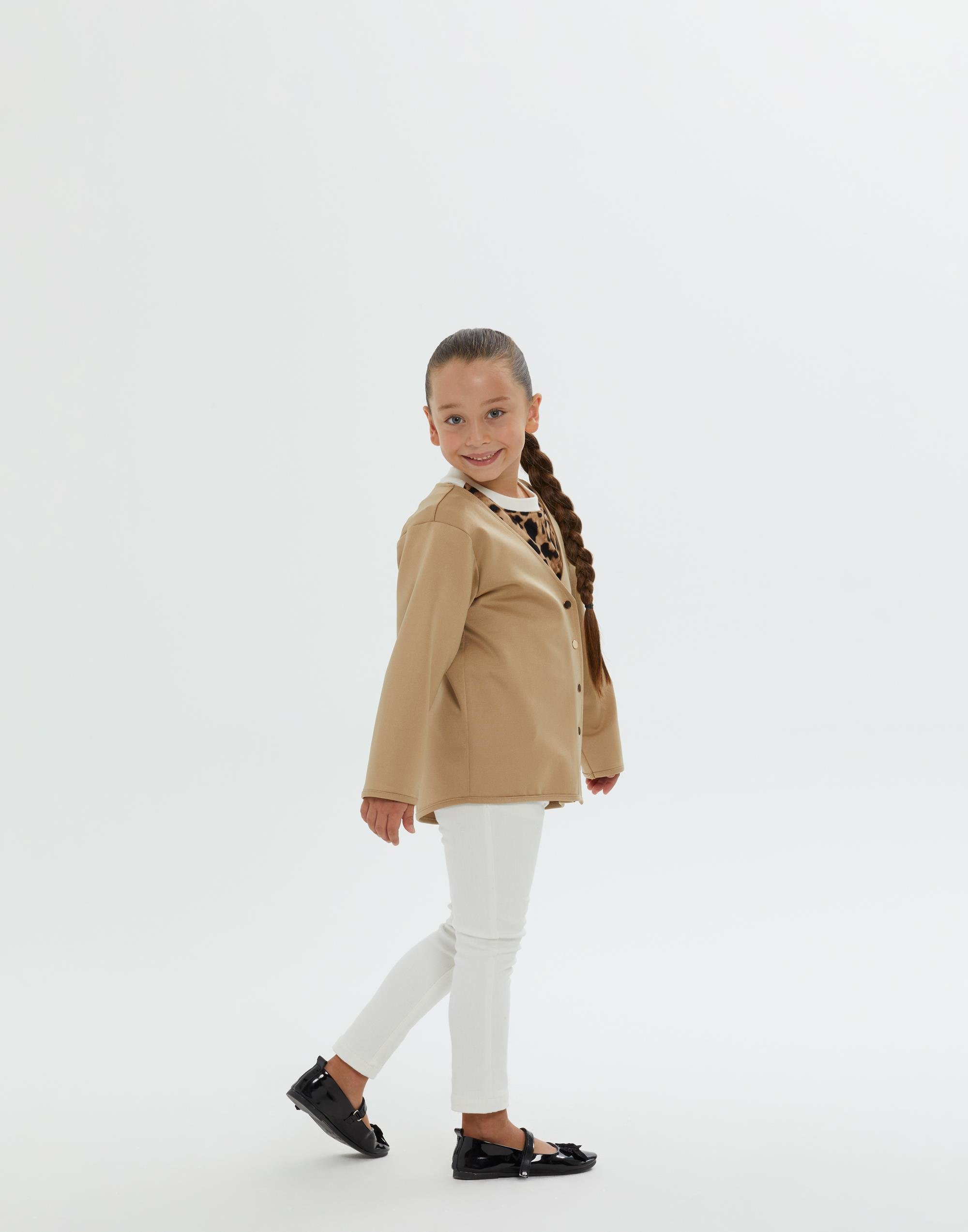 V Yaka Düğmeli Kız Çocuk Bej Ceket - junior, designer dresses, bachelorette, party dresses and graduation dresses.