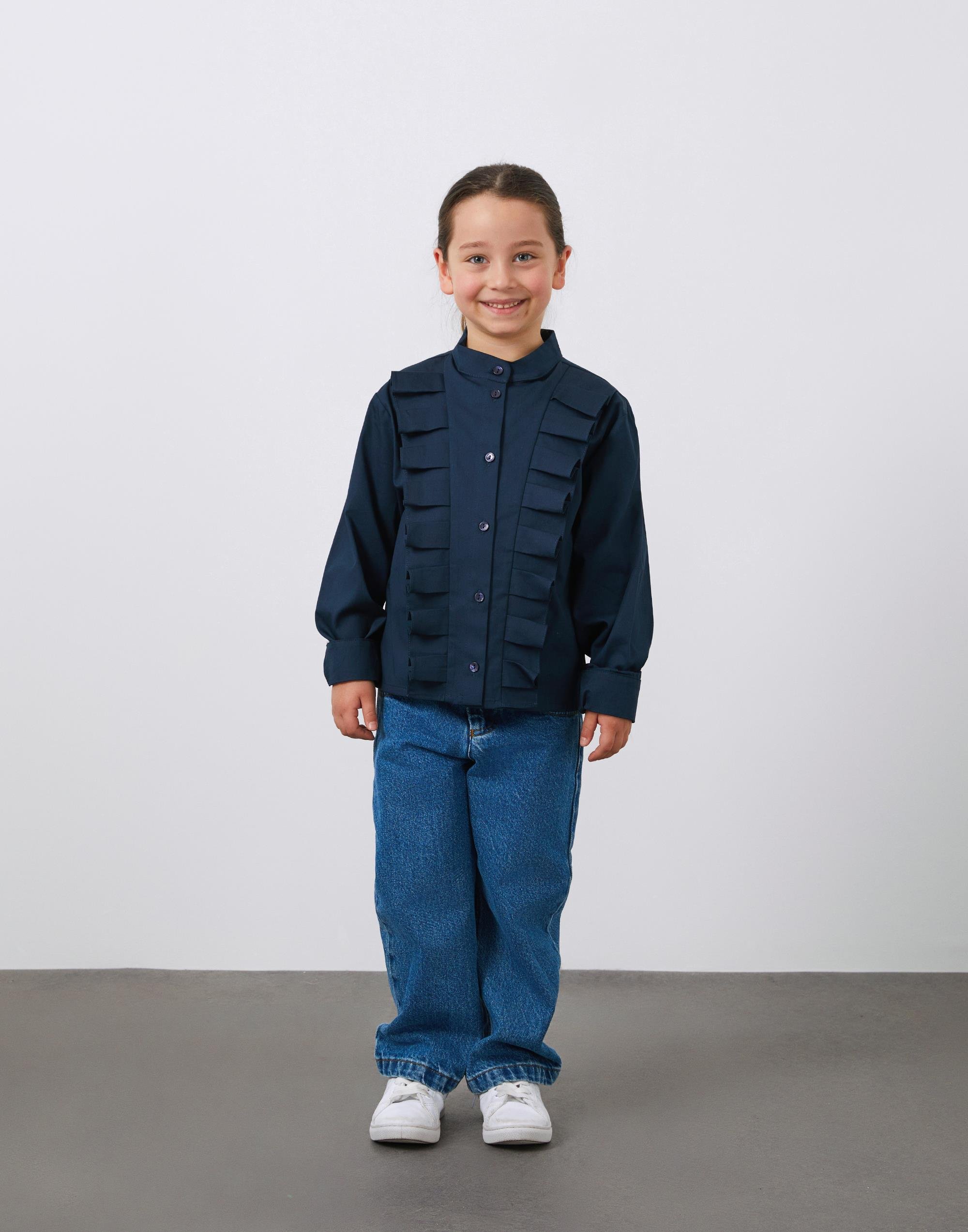 Volanlı Dik Yaka Kız Çocuk Lacivert Gömlek - junior, designer dresses, bachelorette, party dresses and graduation dresses.