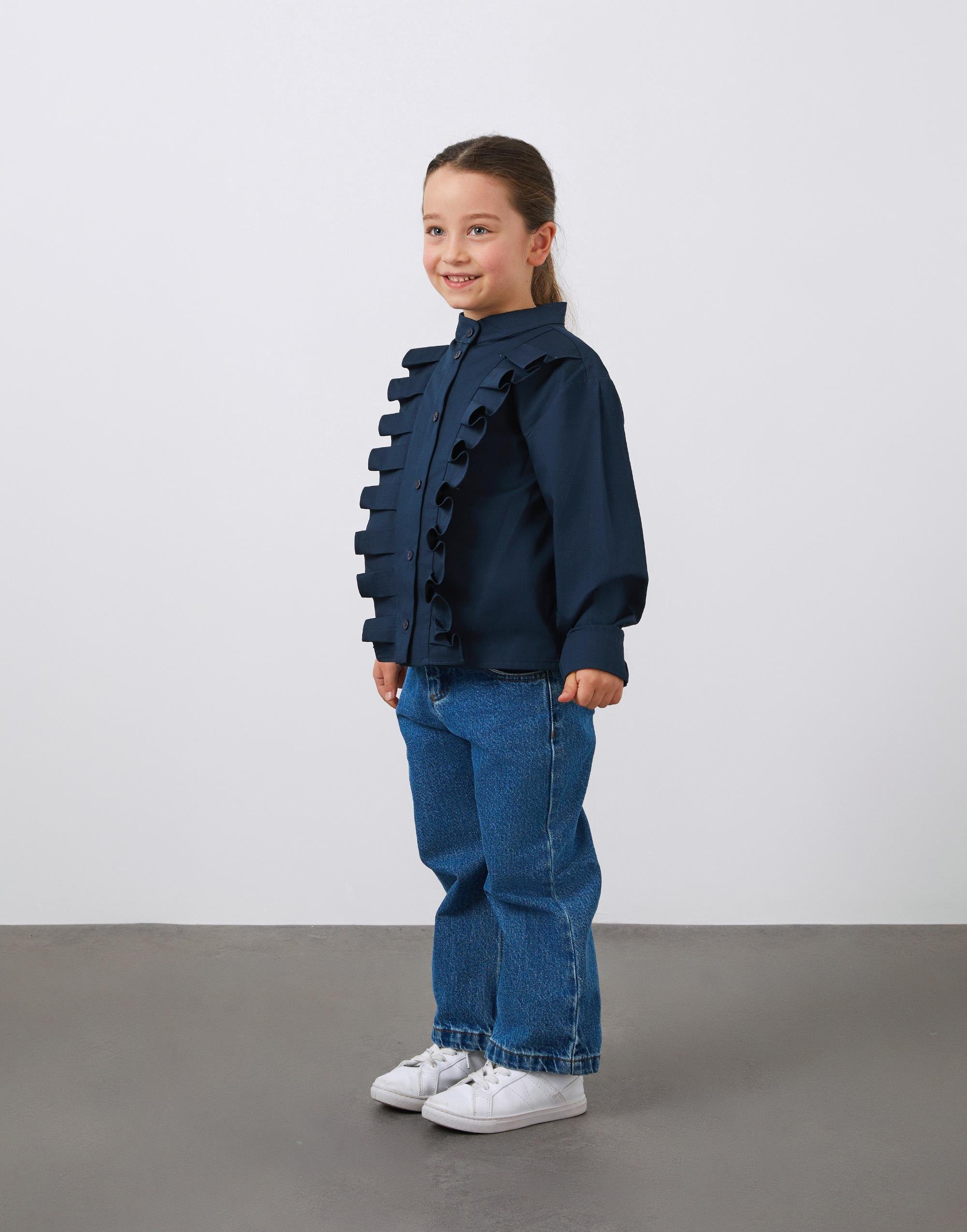 Volanlı Dik Yaka Kız Çocuk Lacivert Gömlek - junior, designer dresses, bachelorette, party dresses and graduation dresses.