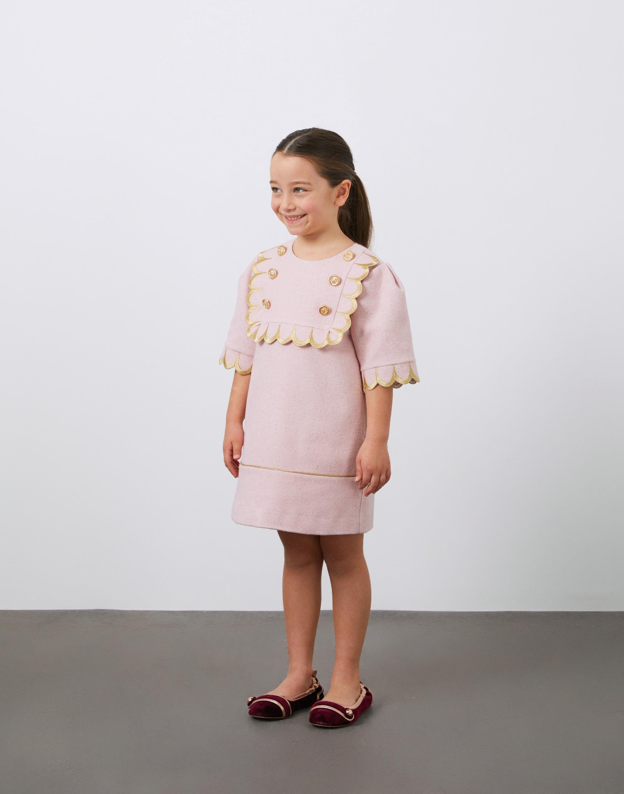 Yaka ve Düğme Detaylı Nakışlı Kız Çocuk Elbise - junior, designer dresses, bachelorette, party dresses and graduation dresses.