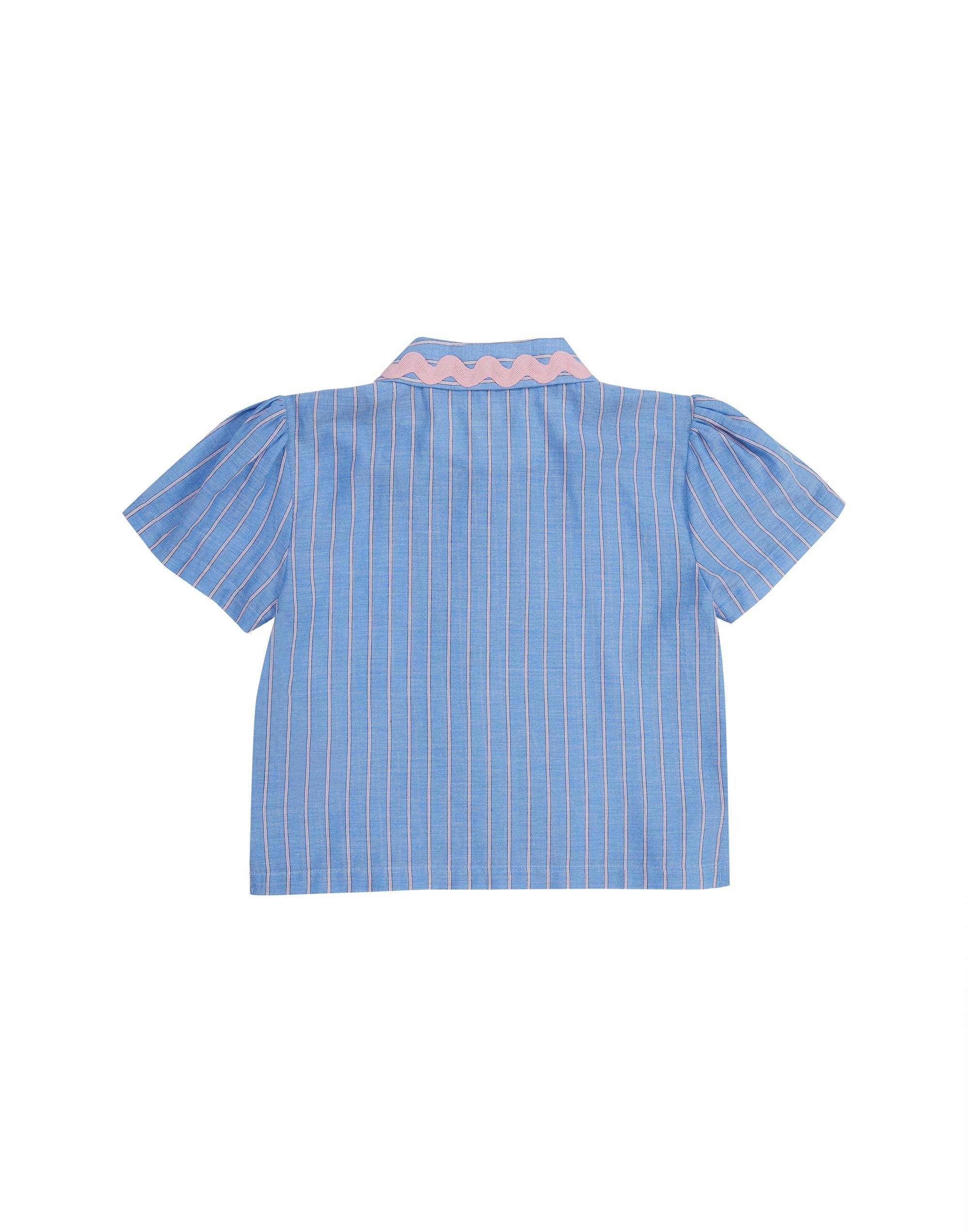 Yaka Ve Ön Pat Esprili Desenli Mavi Gömlek - junior, designer dresses, bachelorette, party dresses and graduation dresses.