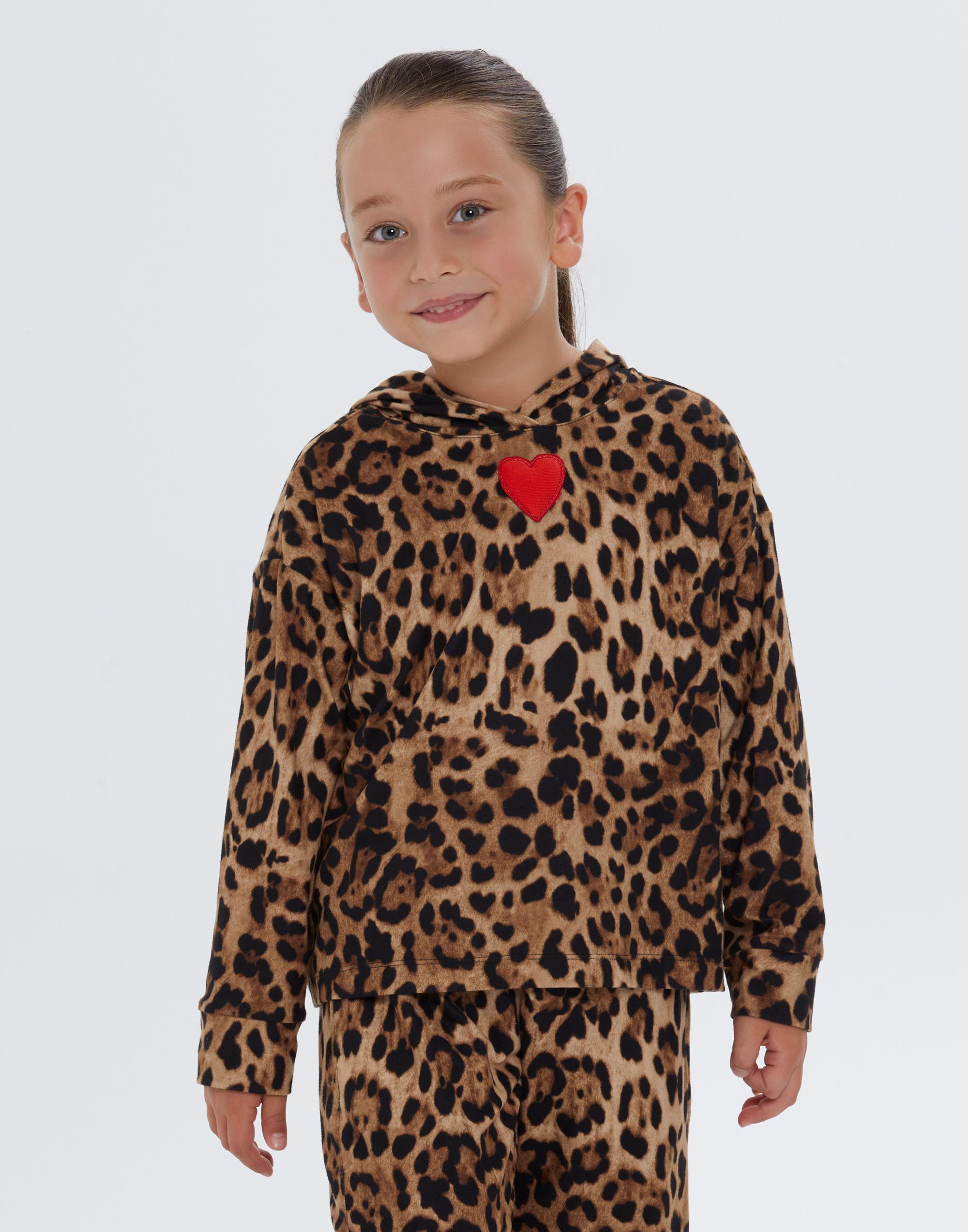 Yakaksı Kalp Detaylı Kapüşonlu Leopar Desenli Kız Çocuk Bluz - junior, designer dresses, bachelorette, party dresses and graduation dresses.