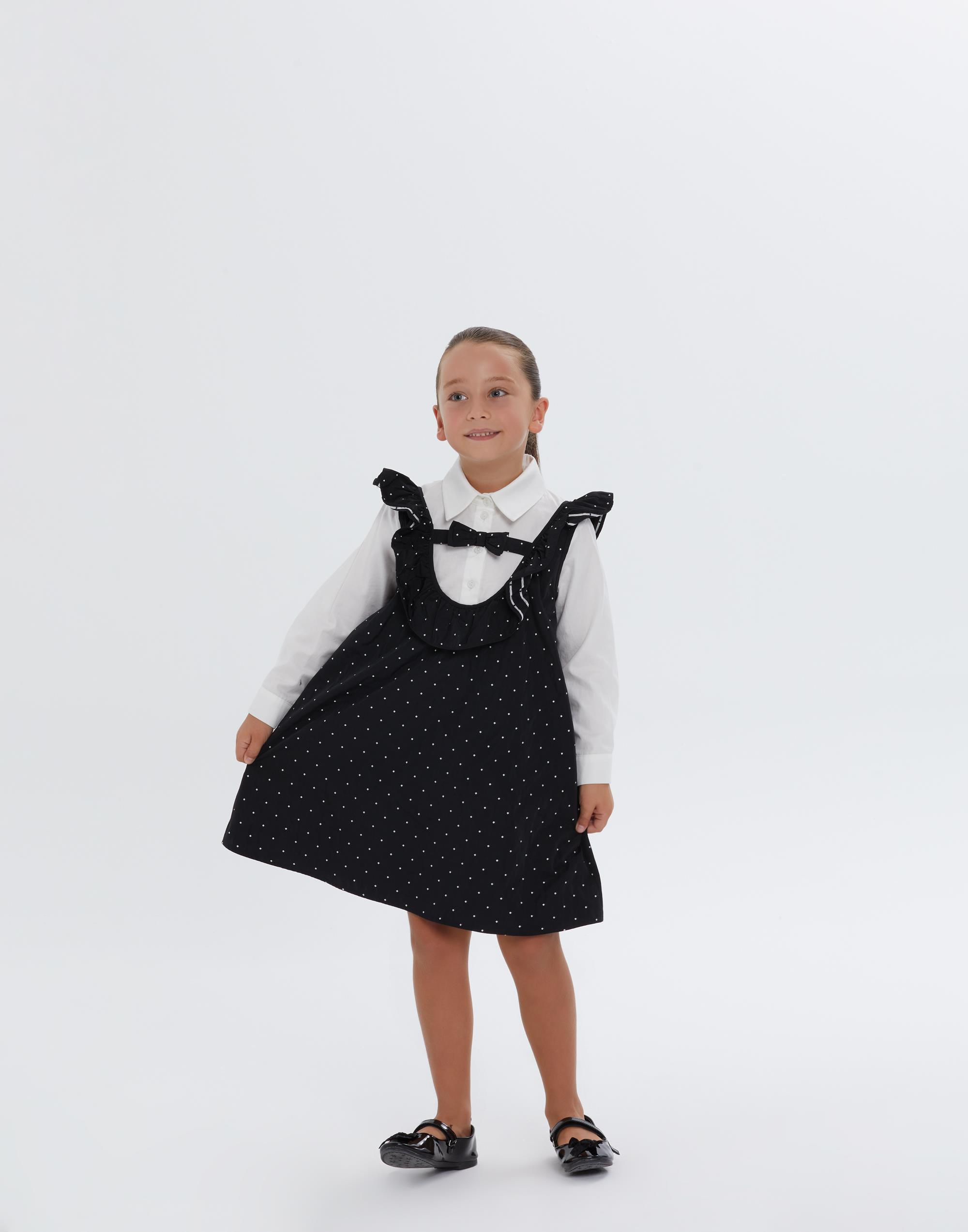 Yakası Fırfırlı Puantiyeli Siyah Gömlek Detaylı Kız Çocuk Elbise - junior, designer dresses, bachelorette, party dresses and graduation dresses.