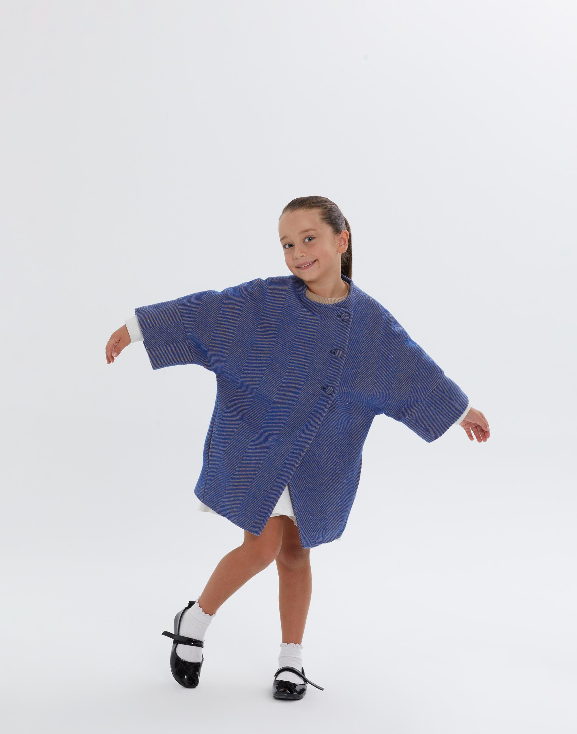 Yarasa Kollu Gizli Cepli Astarlı Uzun Mavi Kız Çocuk Ceket - junior, designer dresses, bachelorette, party dresses and graduation dresses.