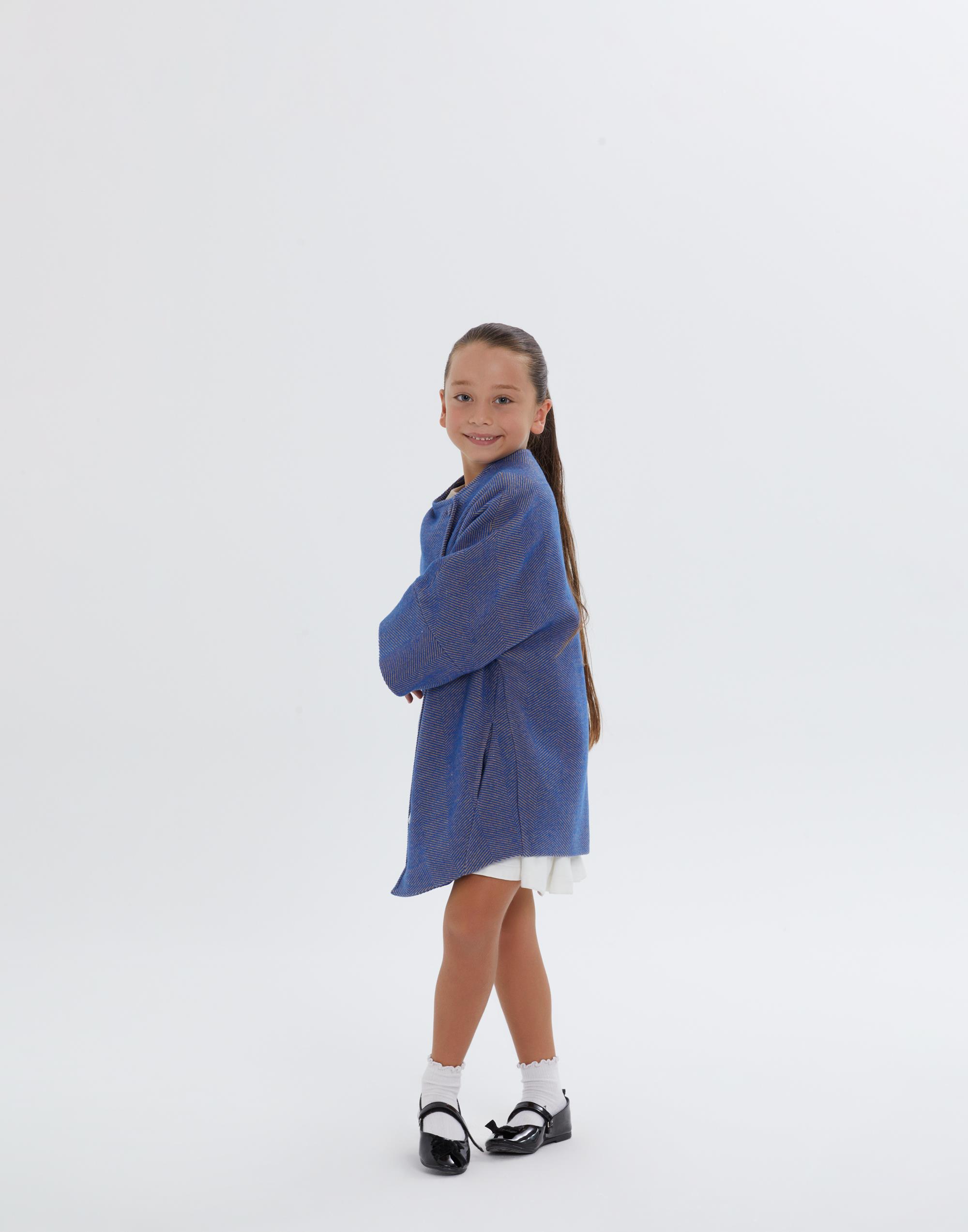 Yarasa Kollu Gizli Cepli Astarlı Uzun Mavi Kız Çocuk Ceket - junior, designer dresses, bachelorette, party dresses and graduation dresses.