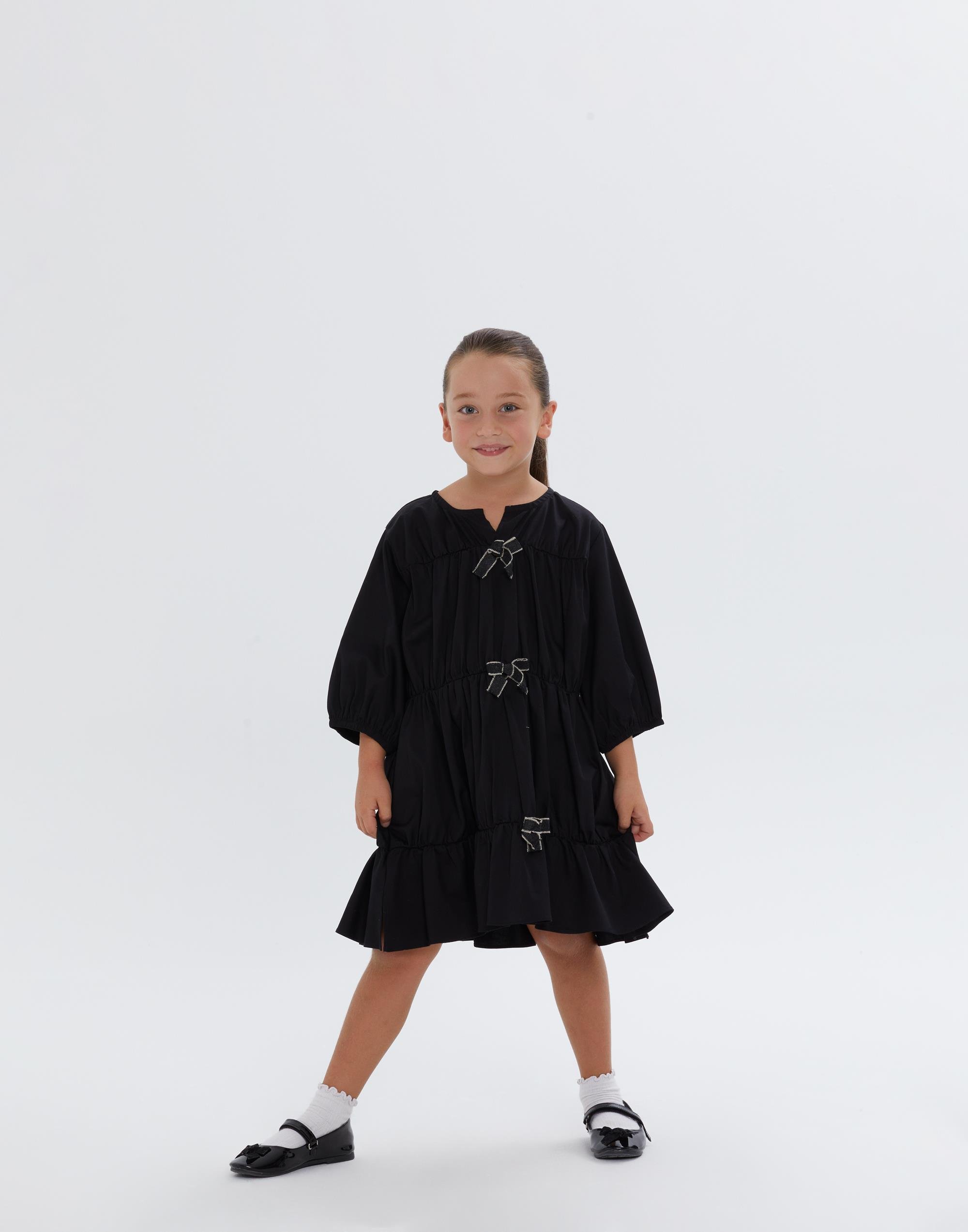 Yarım Kol fiyonk Detaylı Kısa Siyah Kız Çocuk Elbise - junior, designer dresses, bachelorette, party dresses and graduation dresses.