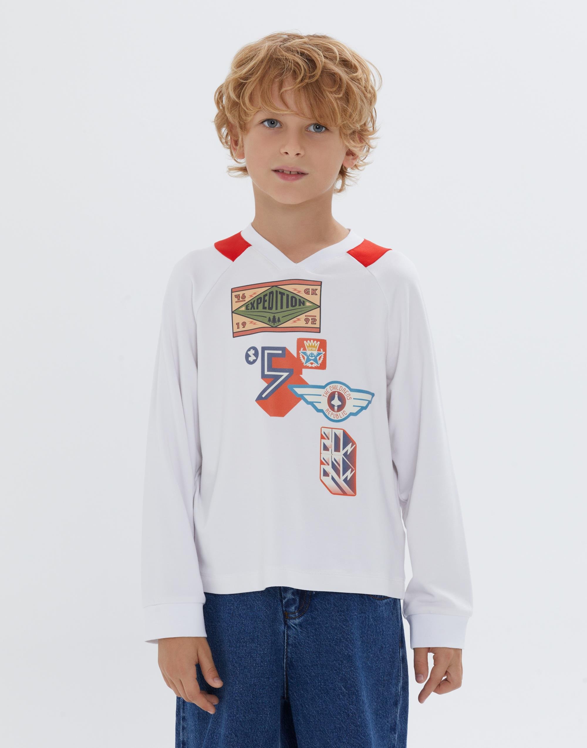 Yuvarlak Yaka Baskılı Uzun Kollu Ekru Erkek Çocuk Tshirt - junior, designer dresses, bachelorette, party dresses and graduation dresses.