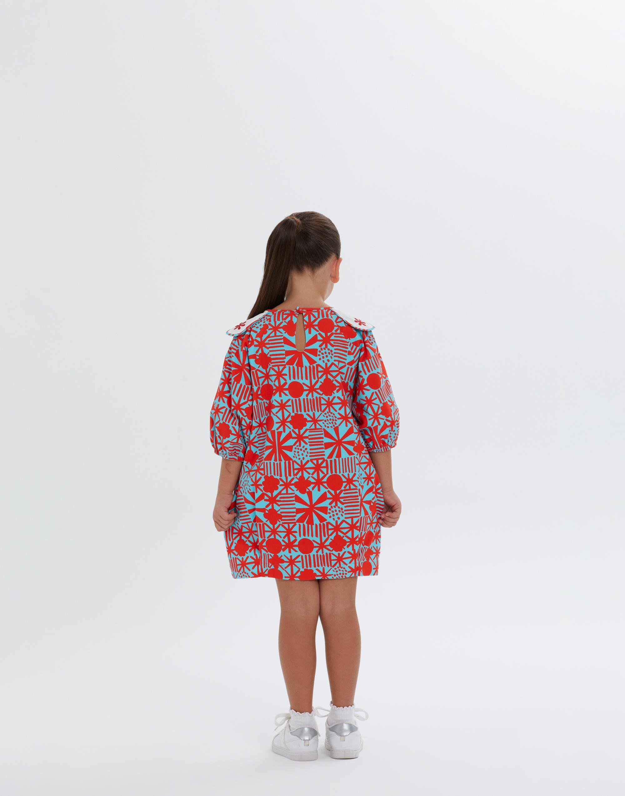 Yuvarlak Yaka Yakası Nakış Süslemeli Mavi Balon Kesim Elbise - junior, designer dresses, bachelorette, party dresses and graduation dresses.