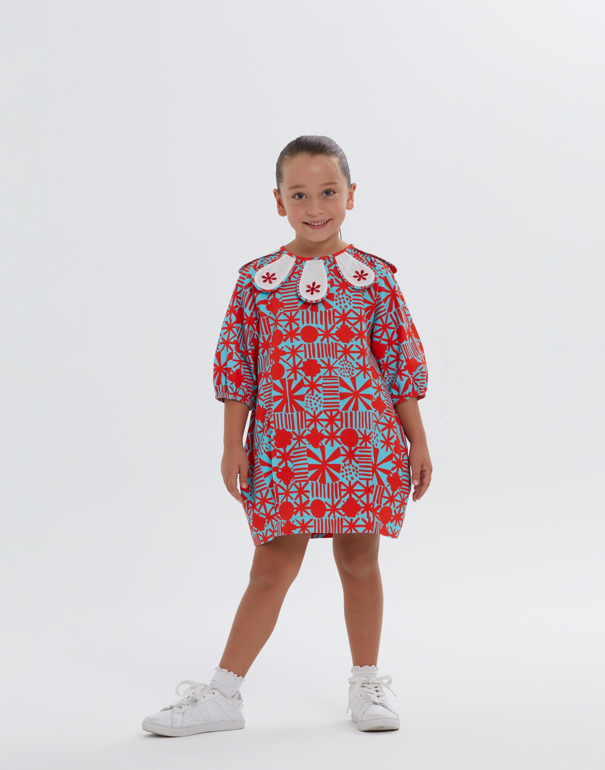 Yuvarlak Yaka Yakası Nakış Süslemeli Mavi Balon Kesim Elbise - junior, designer dresses, bachelorette, party dresses and graduation dresses.