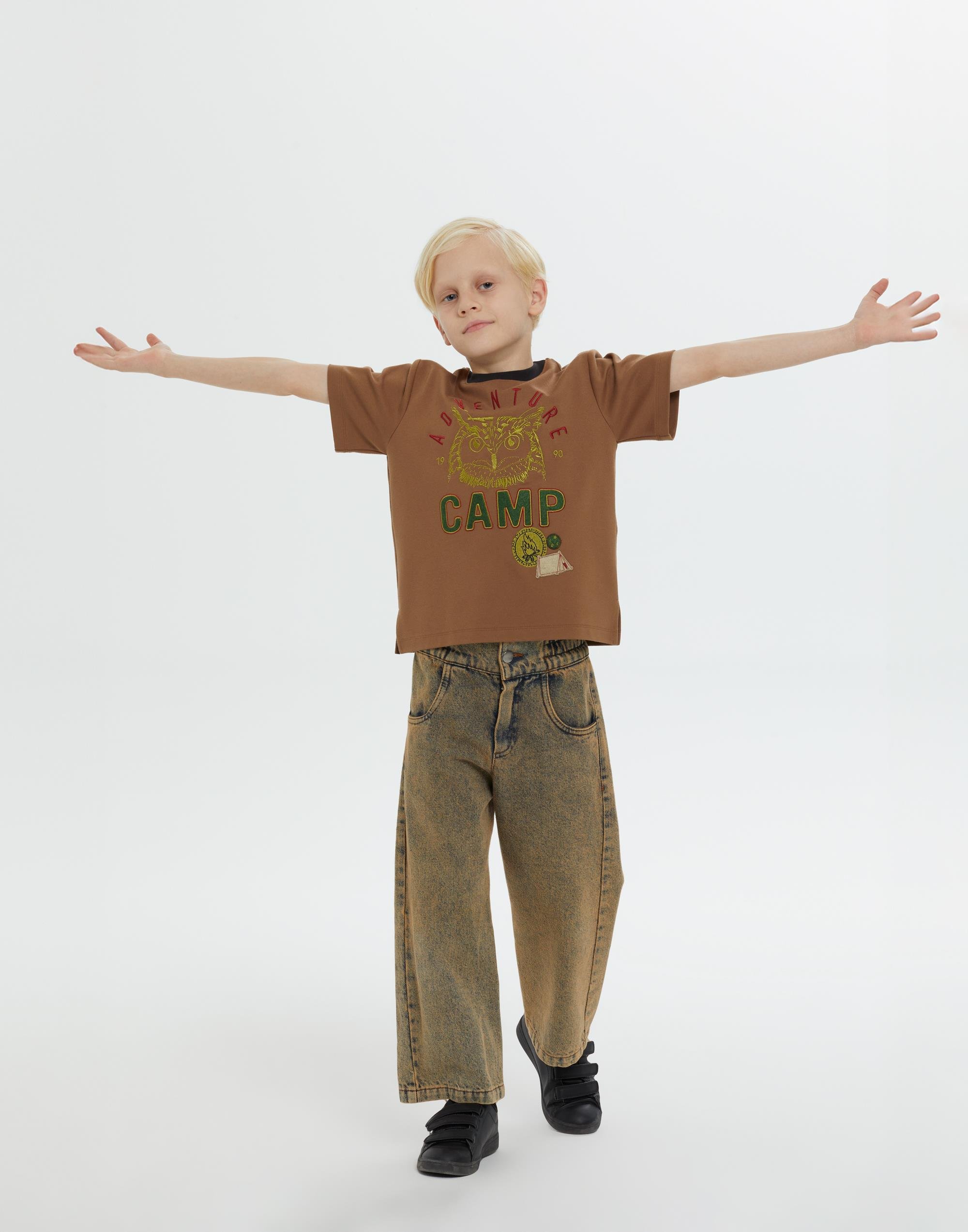 Yuvarlak Yakalı Nakışlı Kahverengi Erkek Çocuk Tshirt - junior, designer dresses, bachelorette, party dresses and graduation dresses.