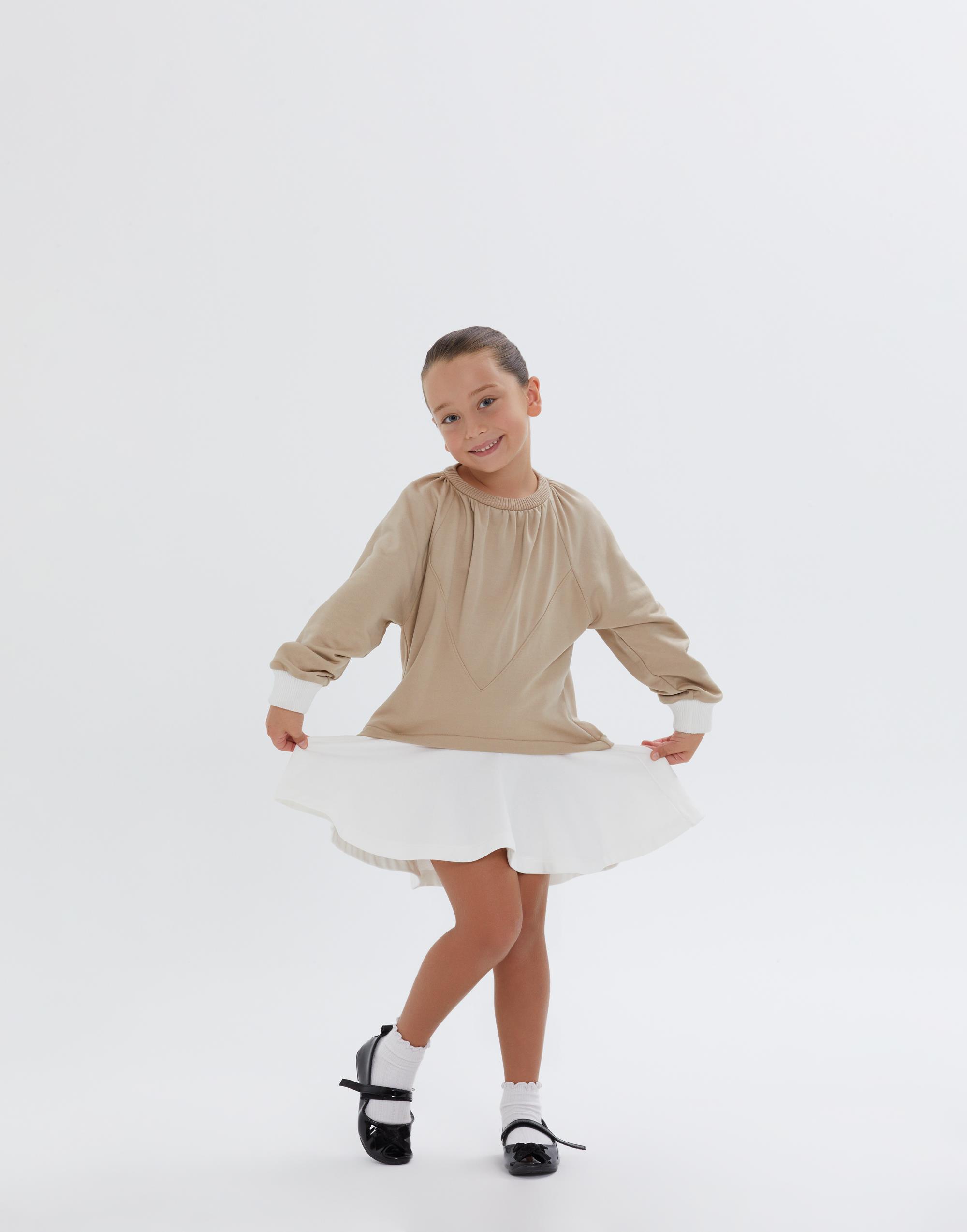 Yuvarlak Yakalı Omuzdan Büzgülü Kloş Etekli Bej Kız Çocuk Elbise - junior, designer dresses, bachelorette, party dresses and graduation dresses.