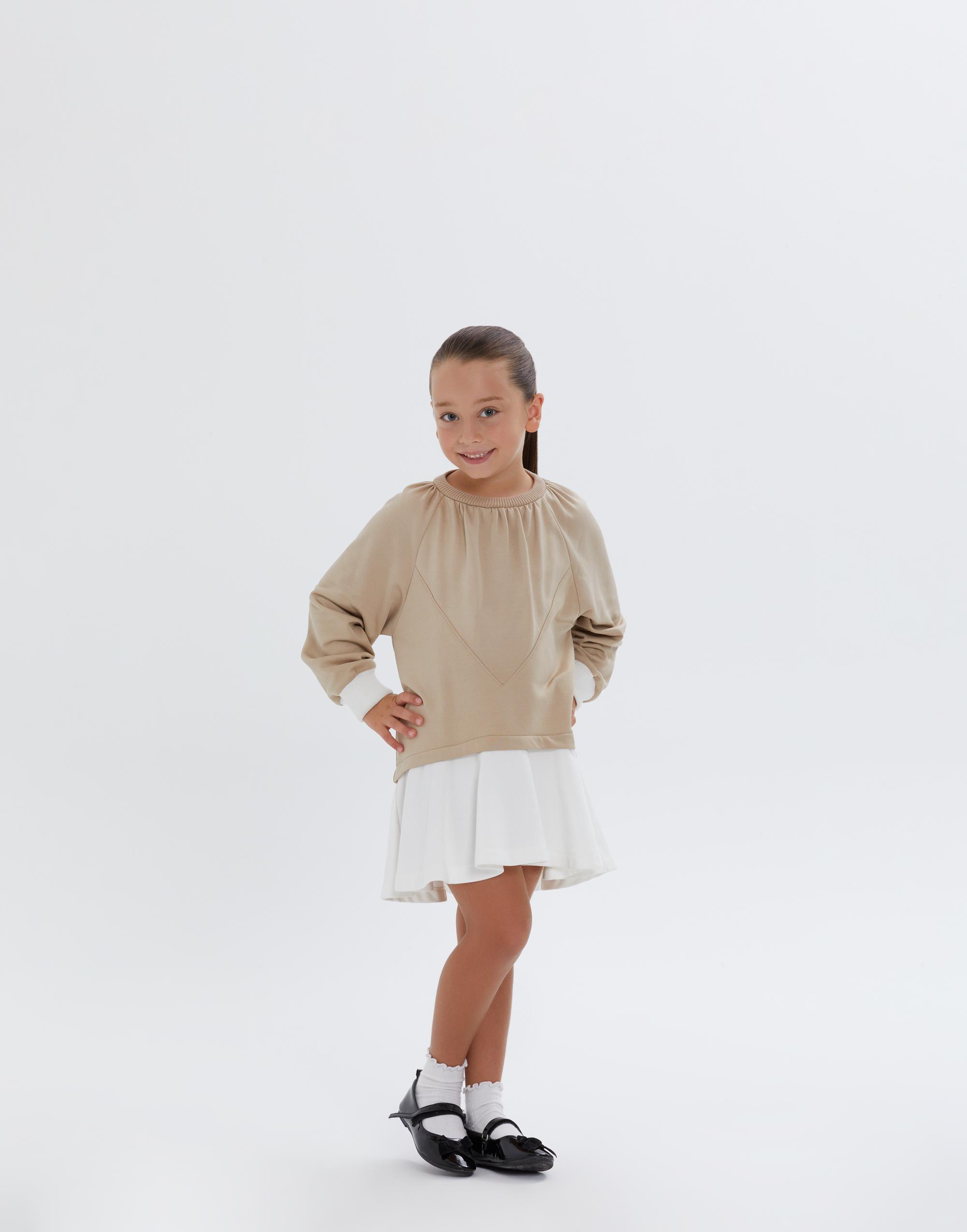 Yuvarlak Yakalı Omuzdan Büzgülü Kloş Etekli Bej Kız Çocuk Elbise - junior, designer dresses, bachelorette, party dresses and graduation dresses.