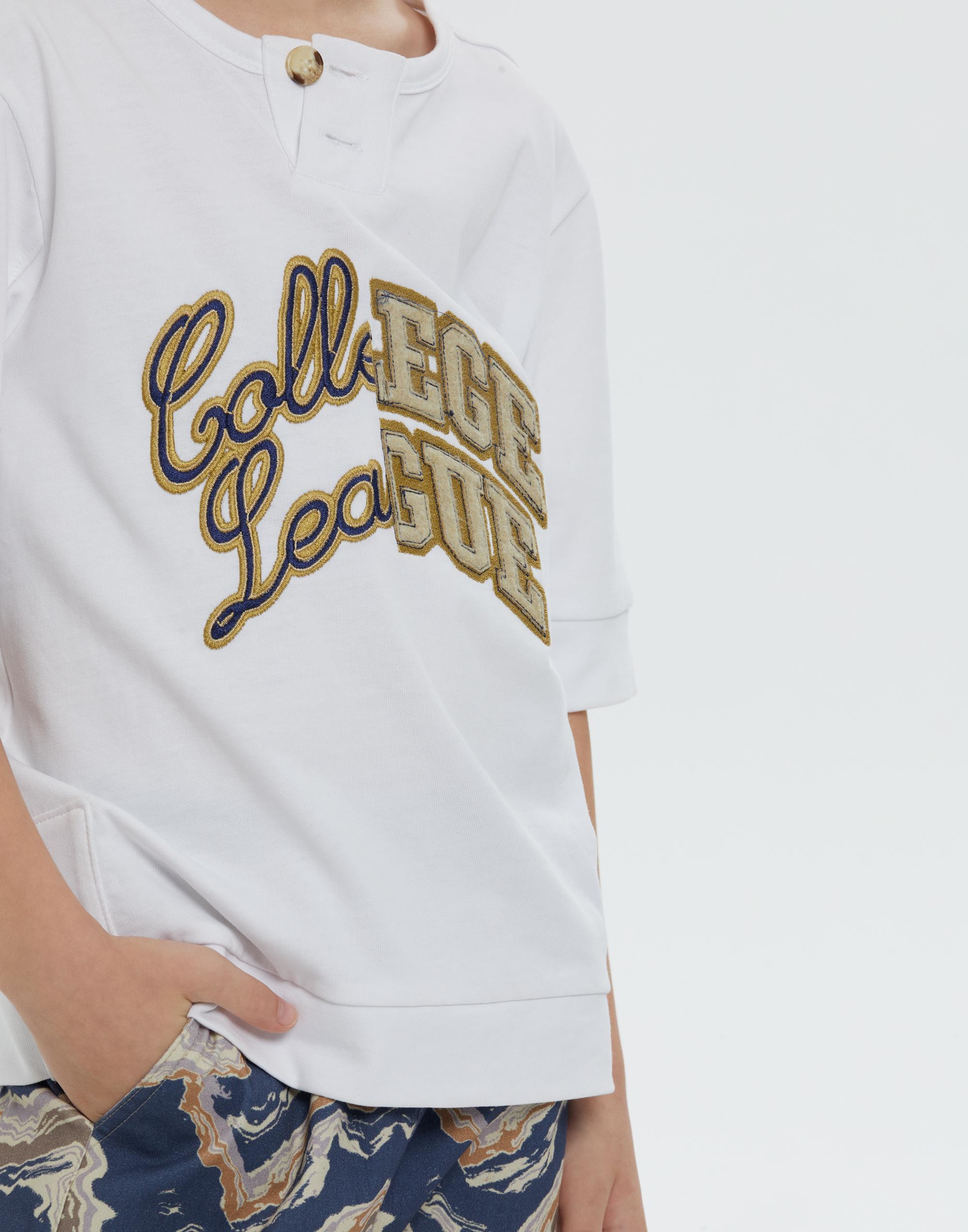 Yuvarlak Yakalı Ön Beden Nakışlı Kısa Kollu Beyaz Erkek Çocuk Tshırt - junior, designer dresses, bachelorette, party dresses and graduation dresses.