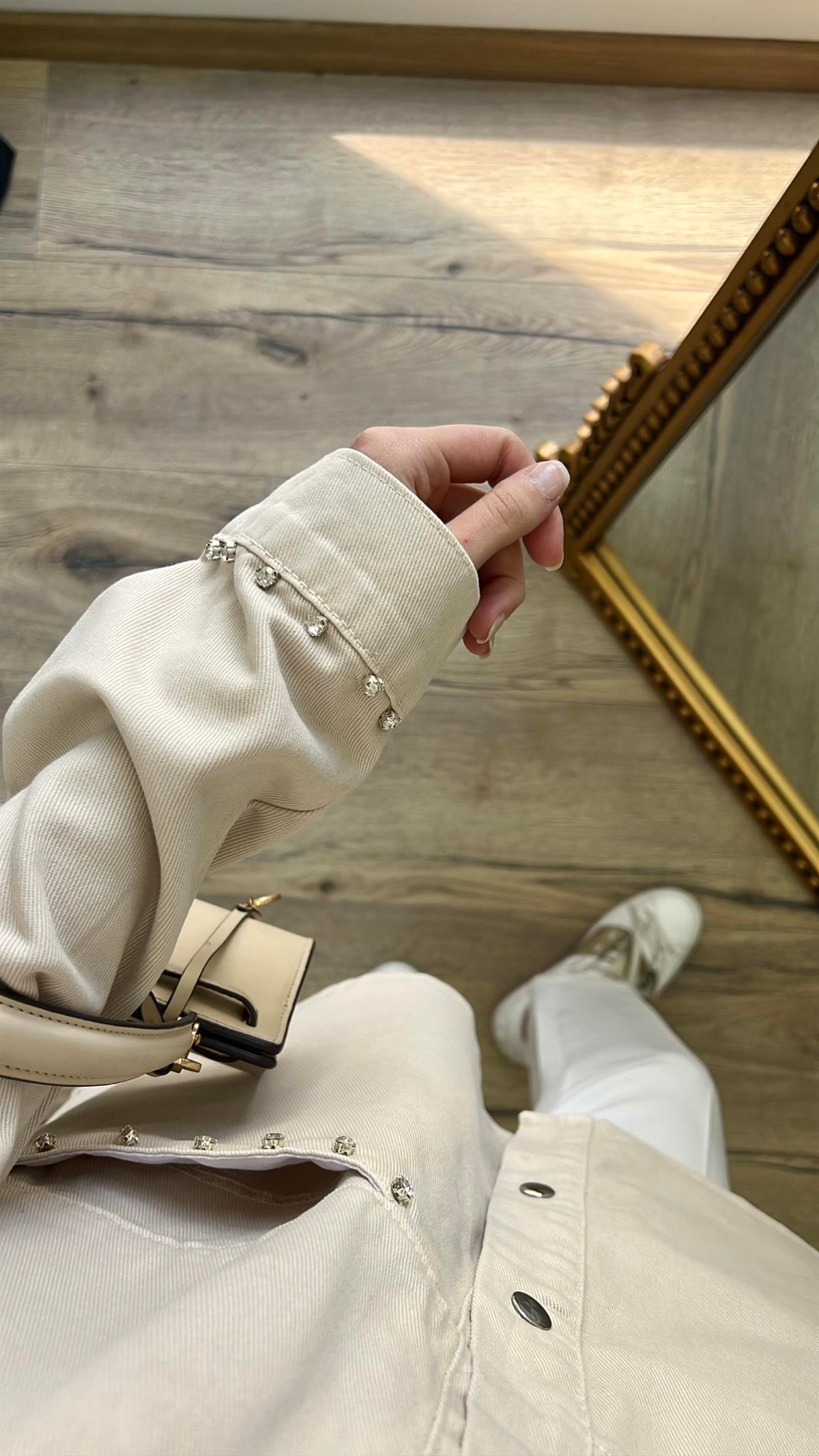 Bej - Taşlı Kot Ceket