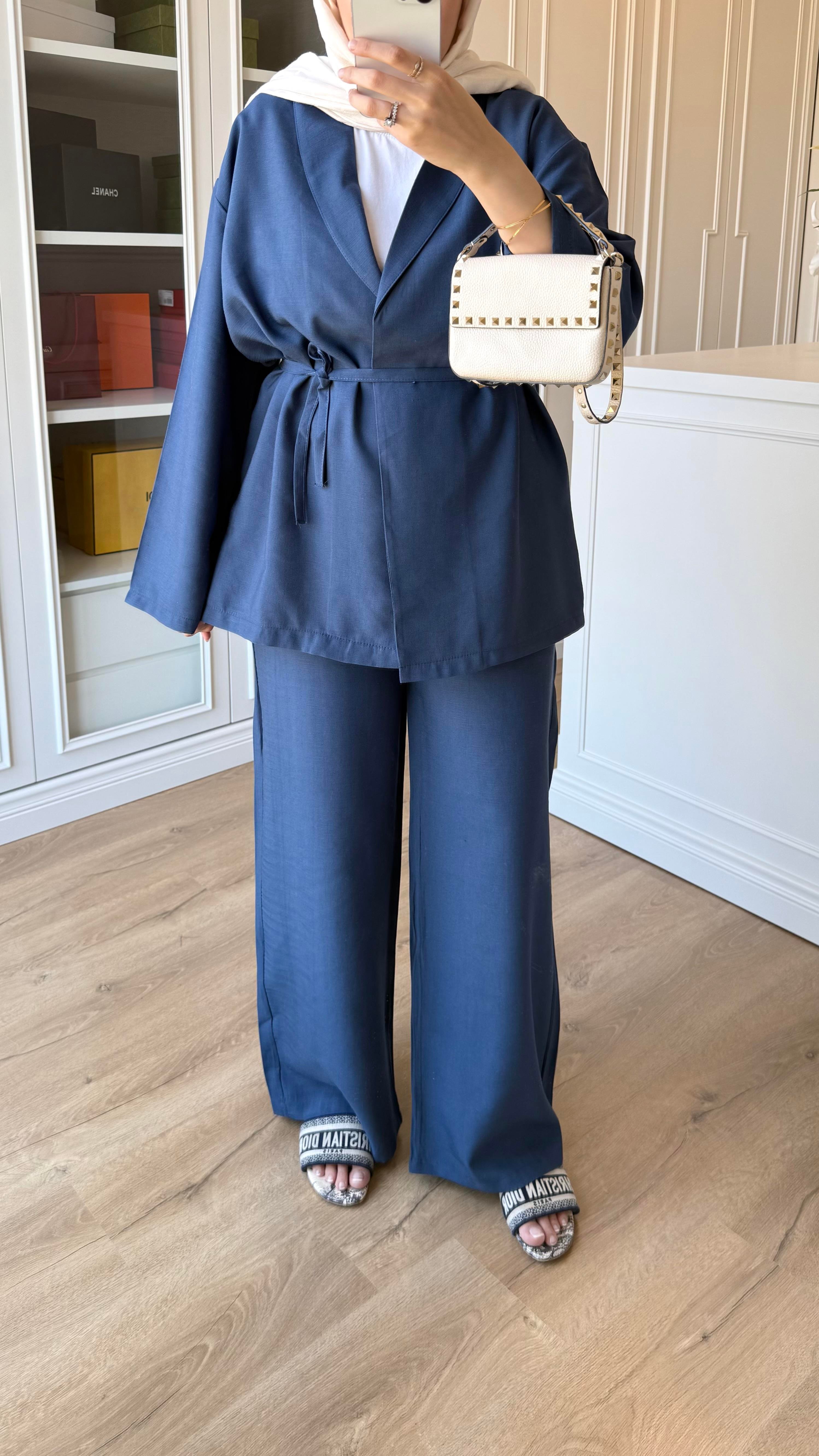 Berry Keten Kimono Takım Yağ Yeşili  