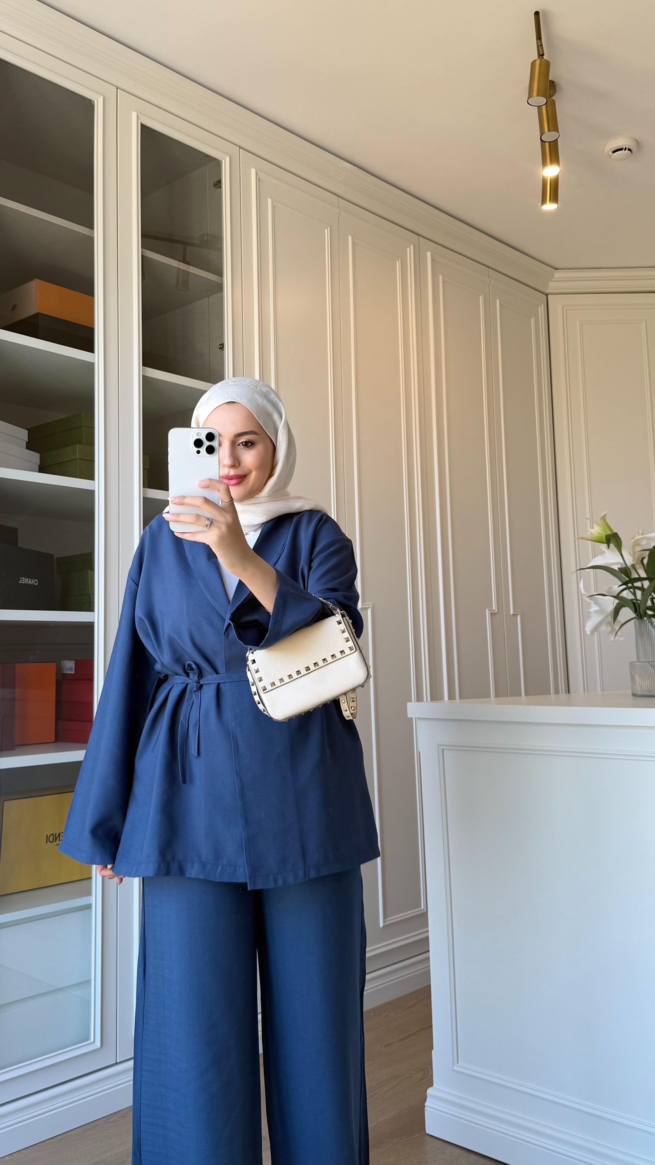 Berry Keten Kimono Takım Yağ Yeşili  