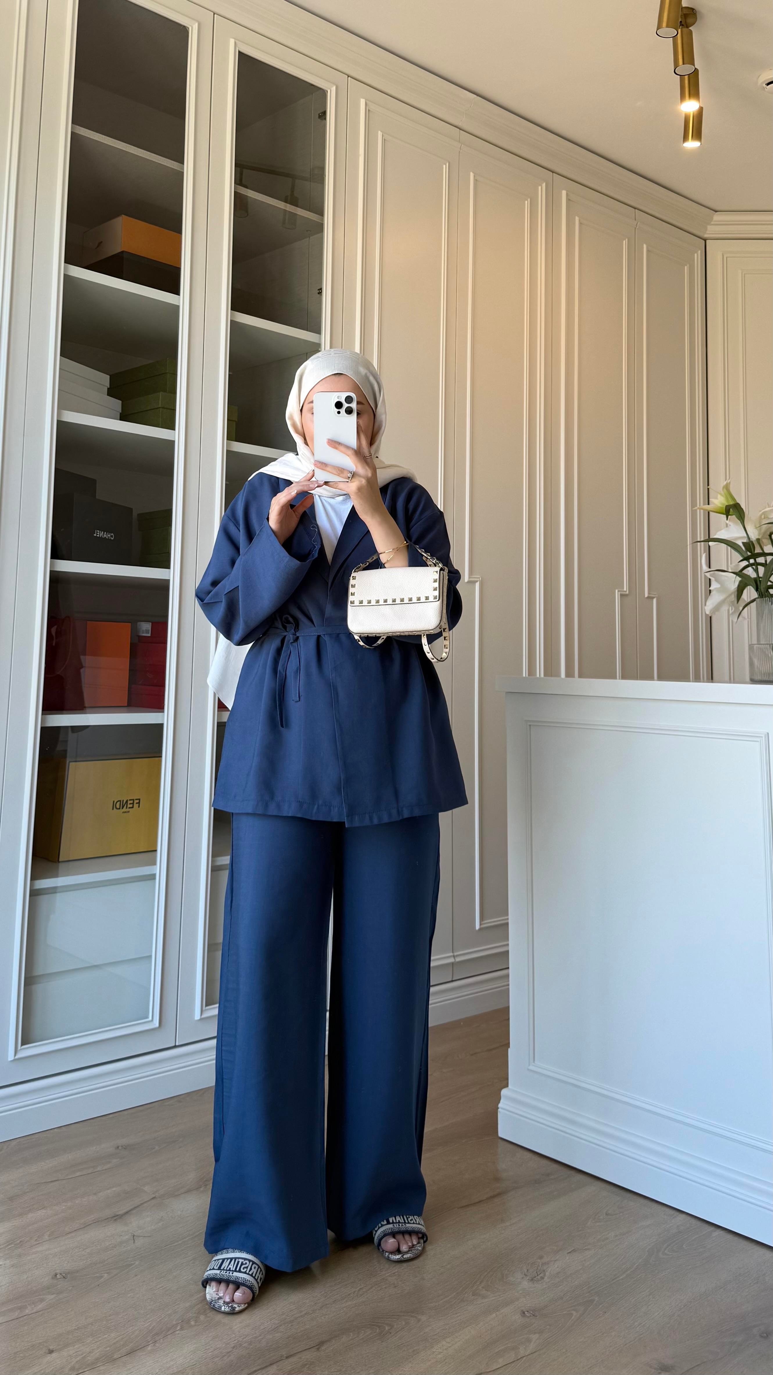 Berry Keten Kimono Takım Yağ Yeşili  