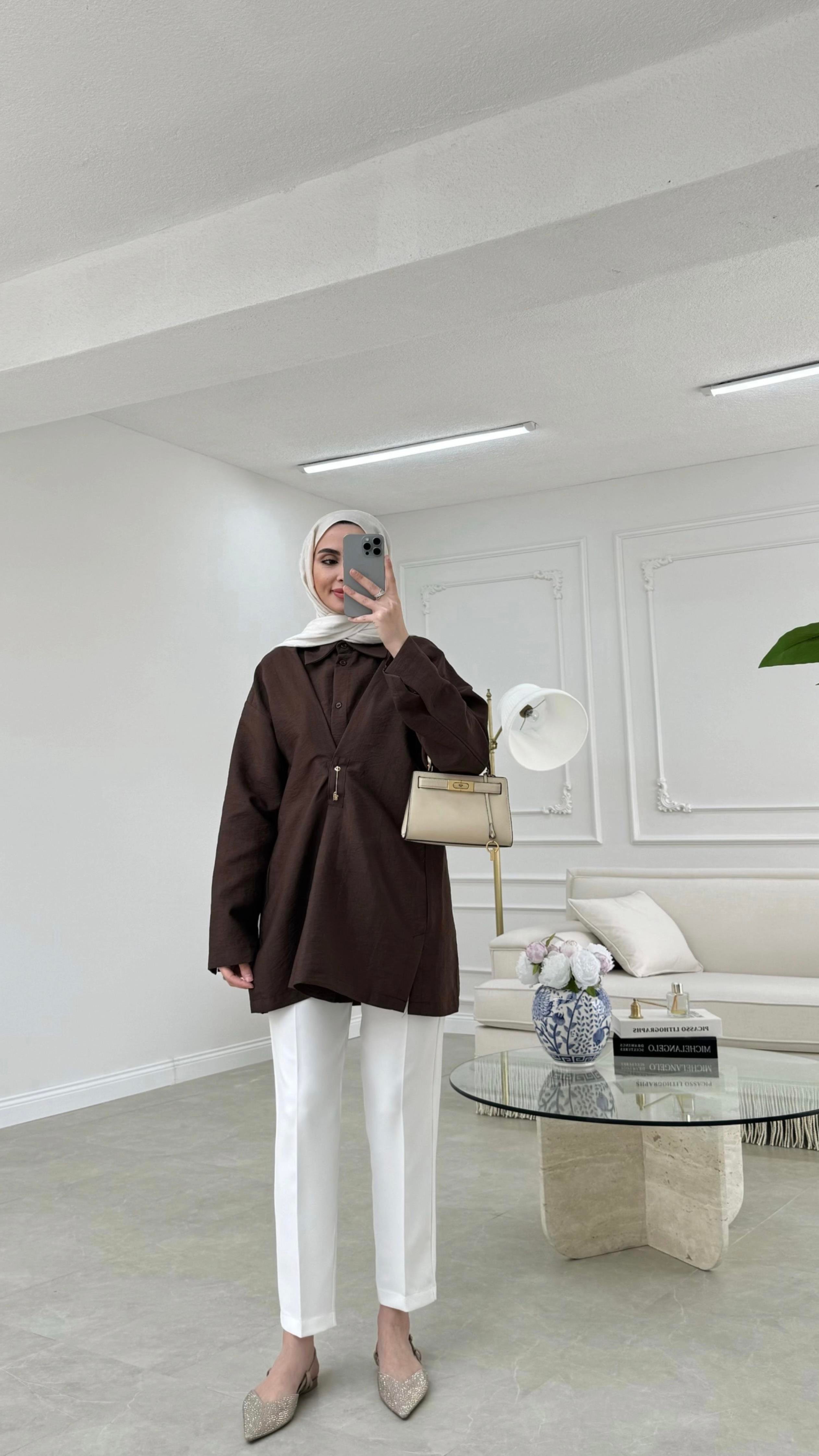 Broşlu Cupra Gömlek Acı Kahve 