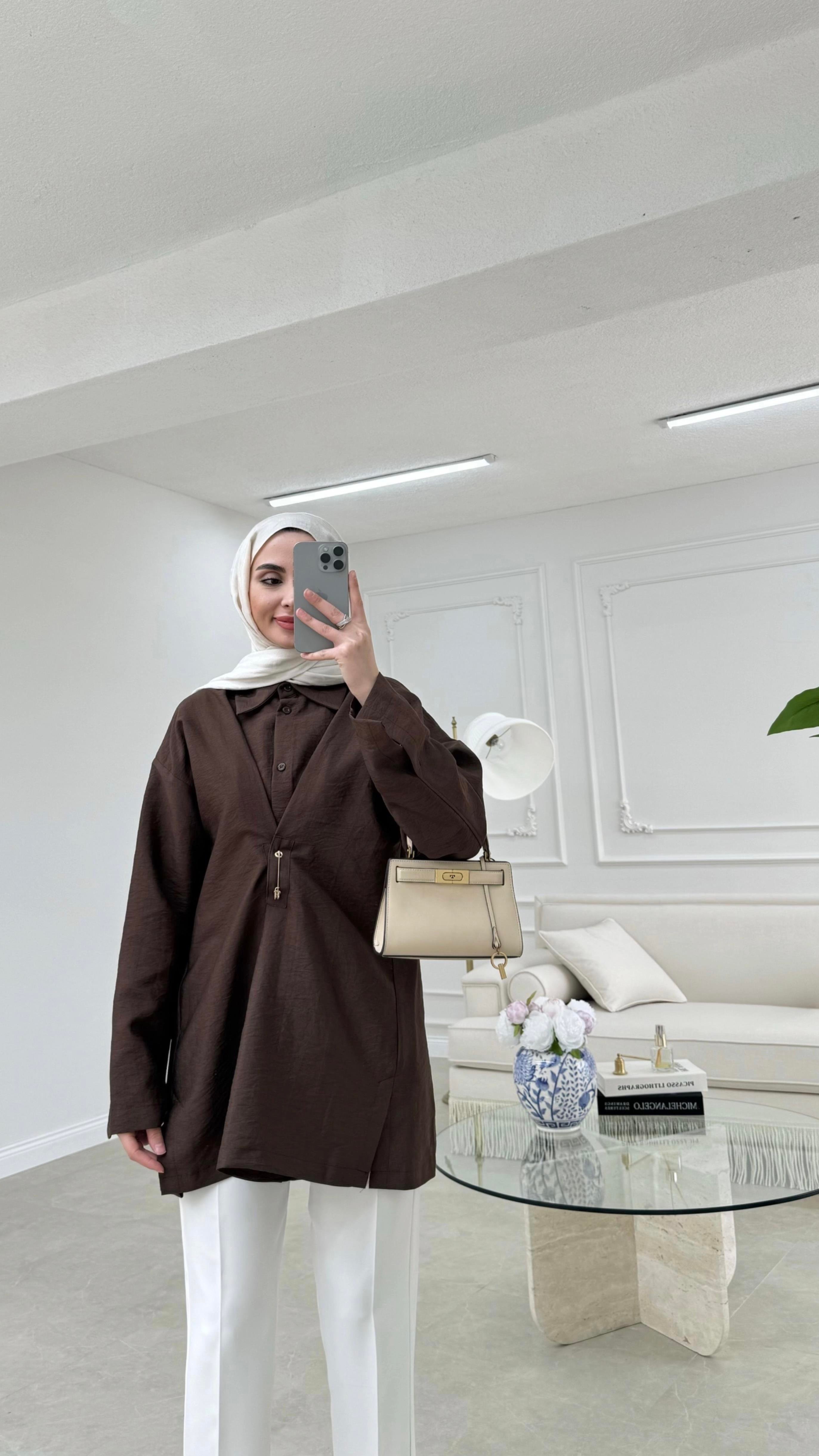 Broşlu Cupra Gömlek Acı Kahve 