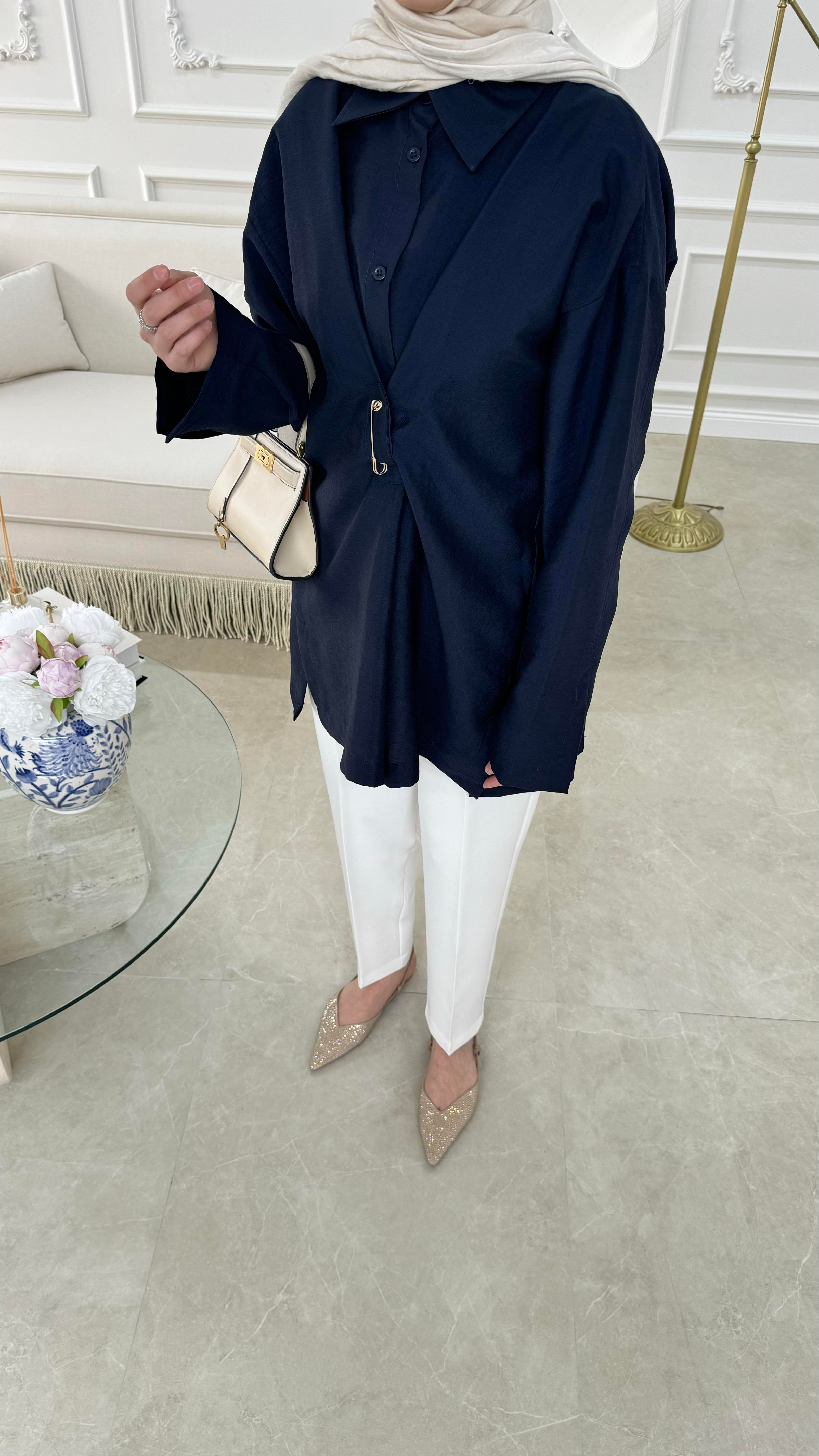 Broşlu Cupra Gömlek Lacivert