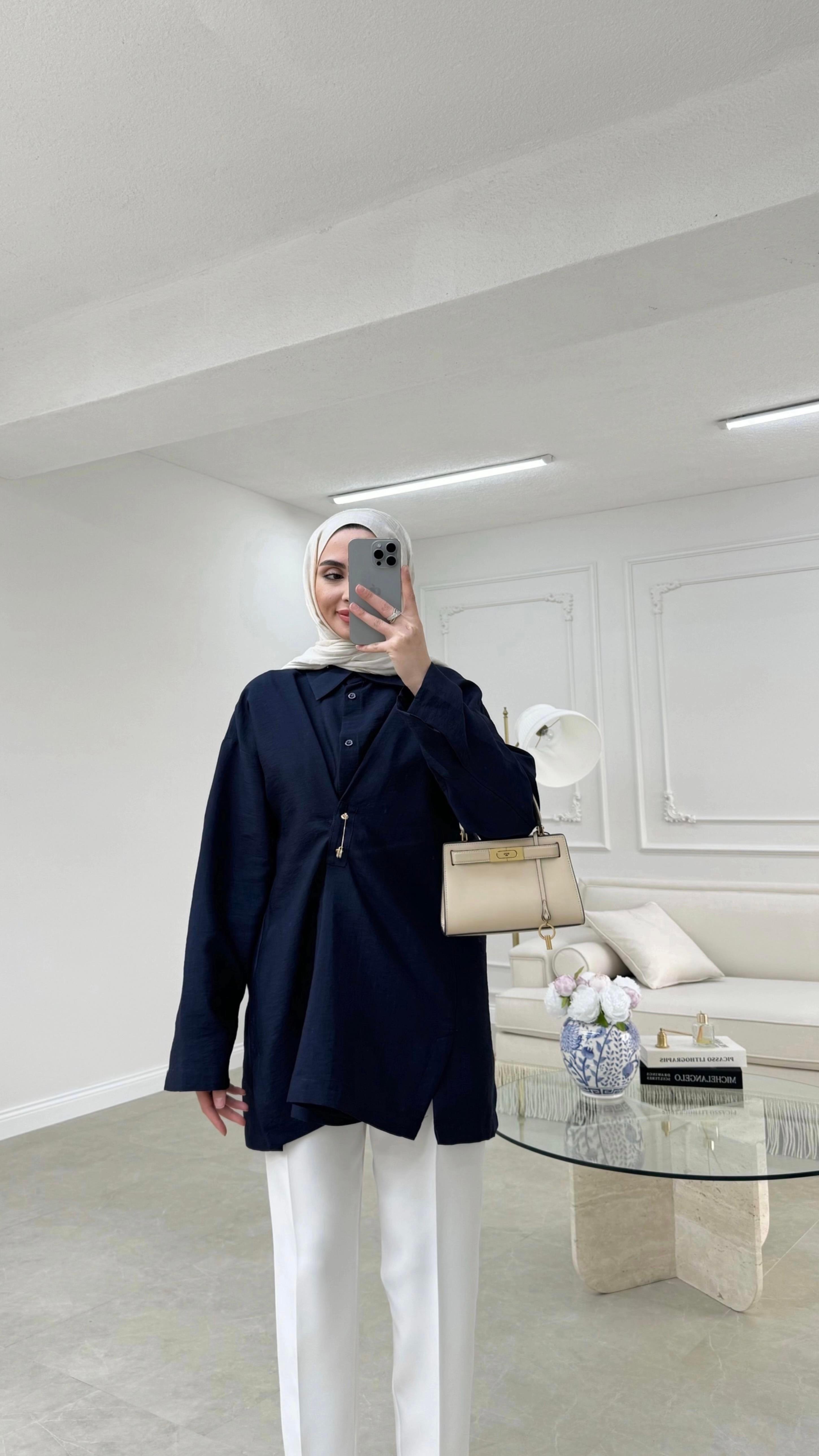 Broşlu Cupra Gömlek Lacivert