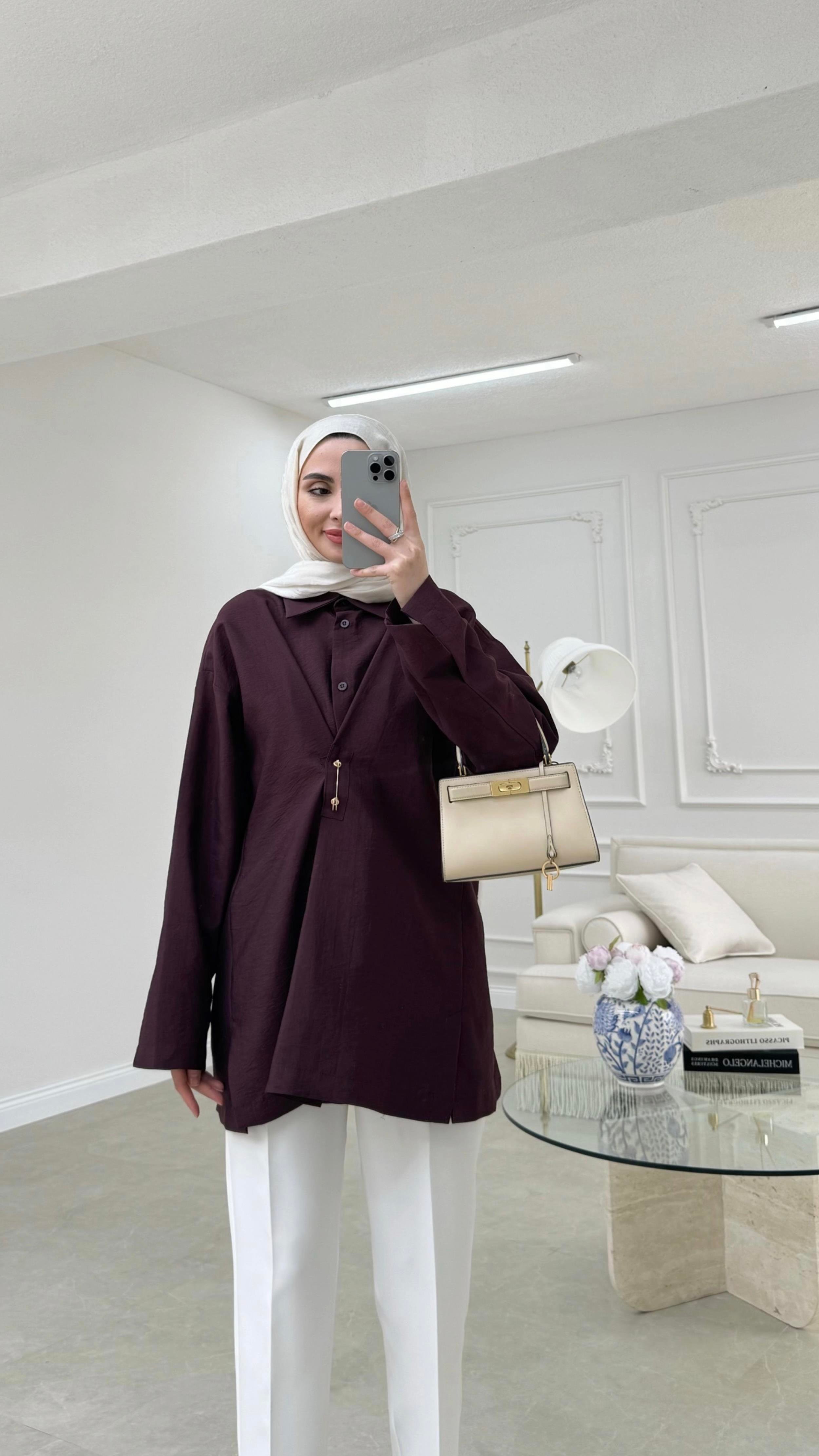 Broşlu Cupra Gömlek Mürdüm