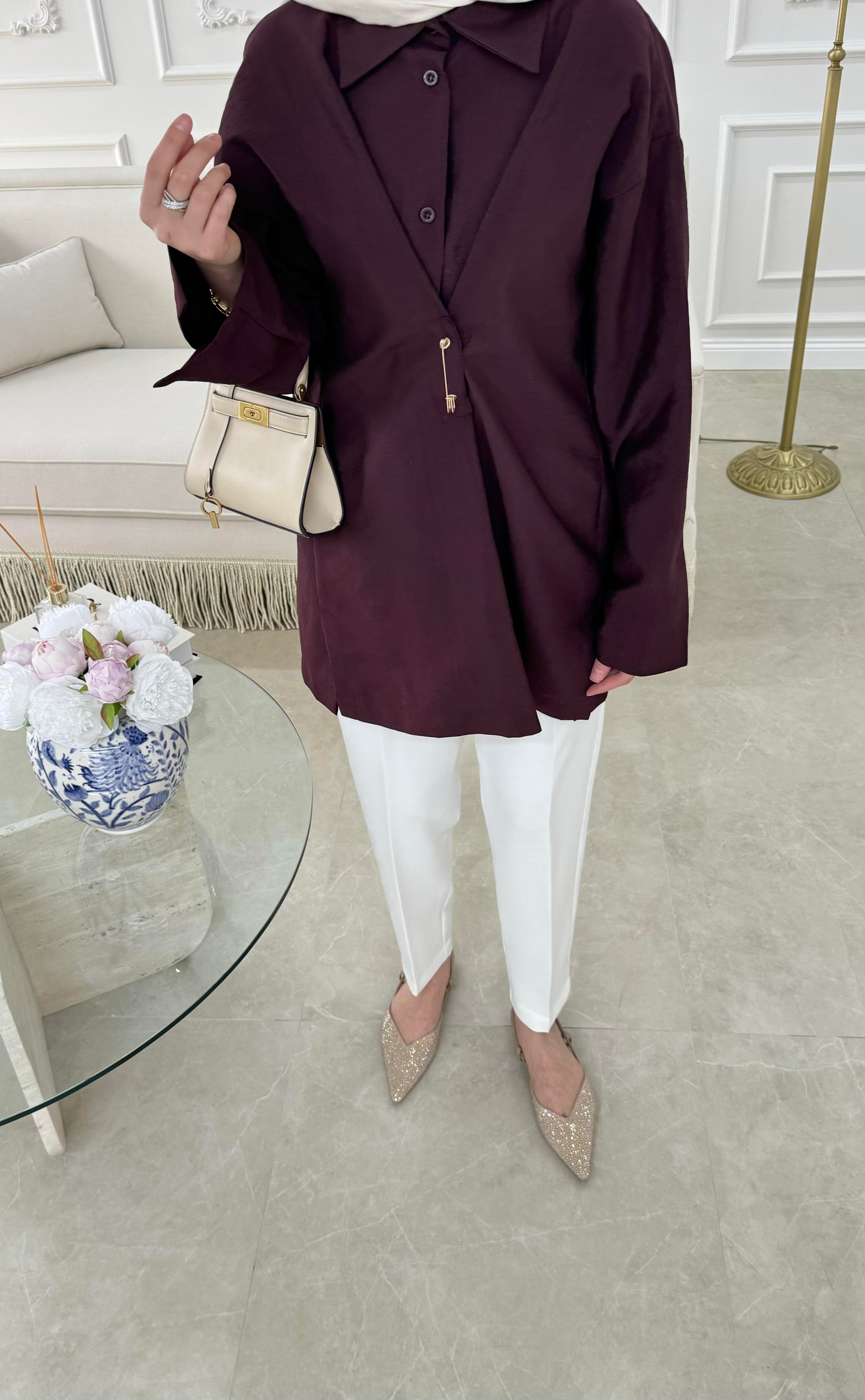 Broşlu Cupra Gömlek Mürdüm