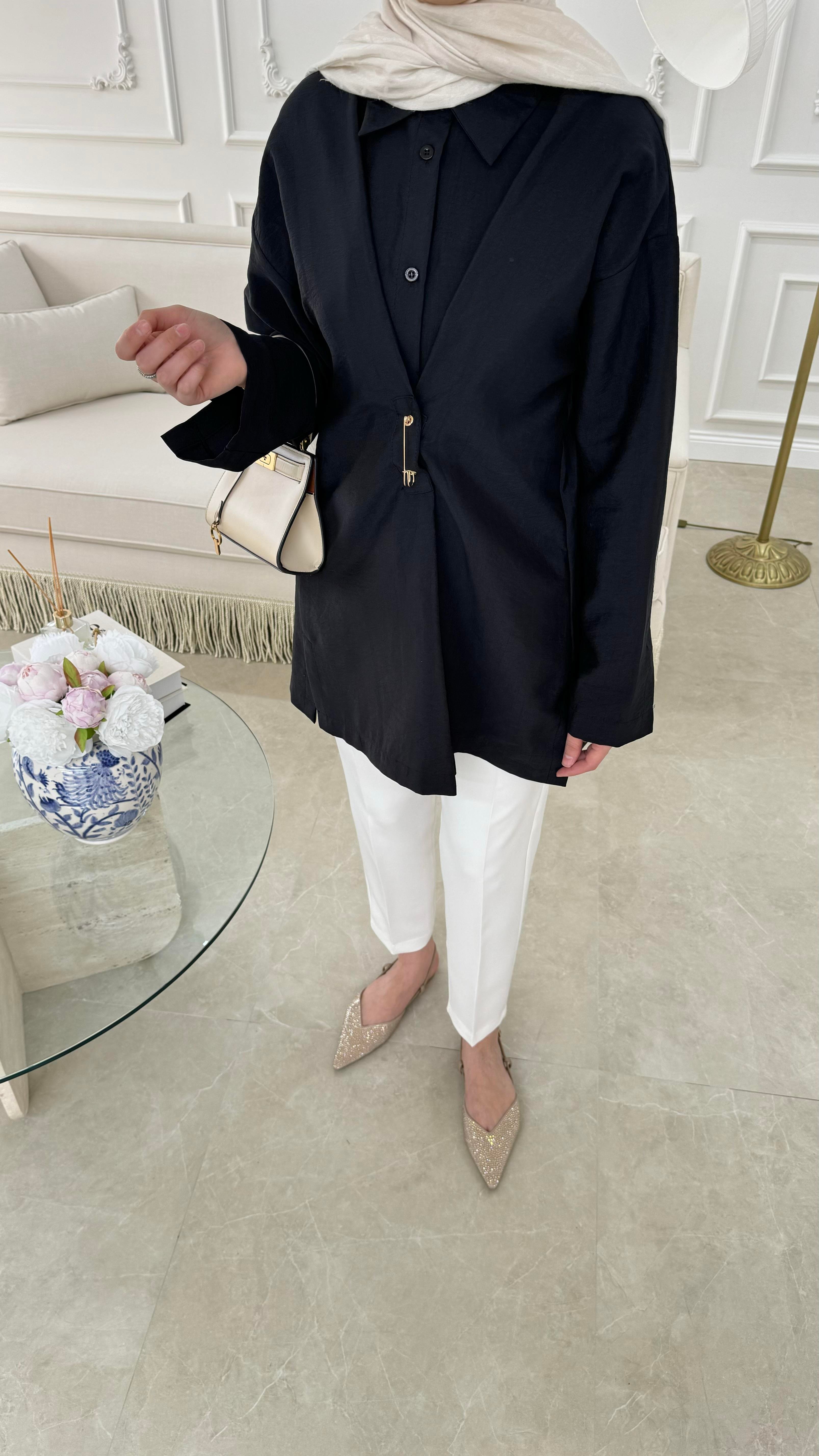 Broşlu Cupra Gömlek Siyah 