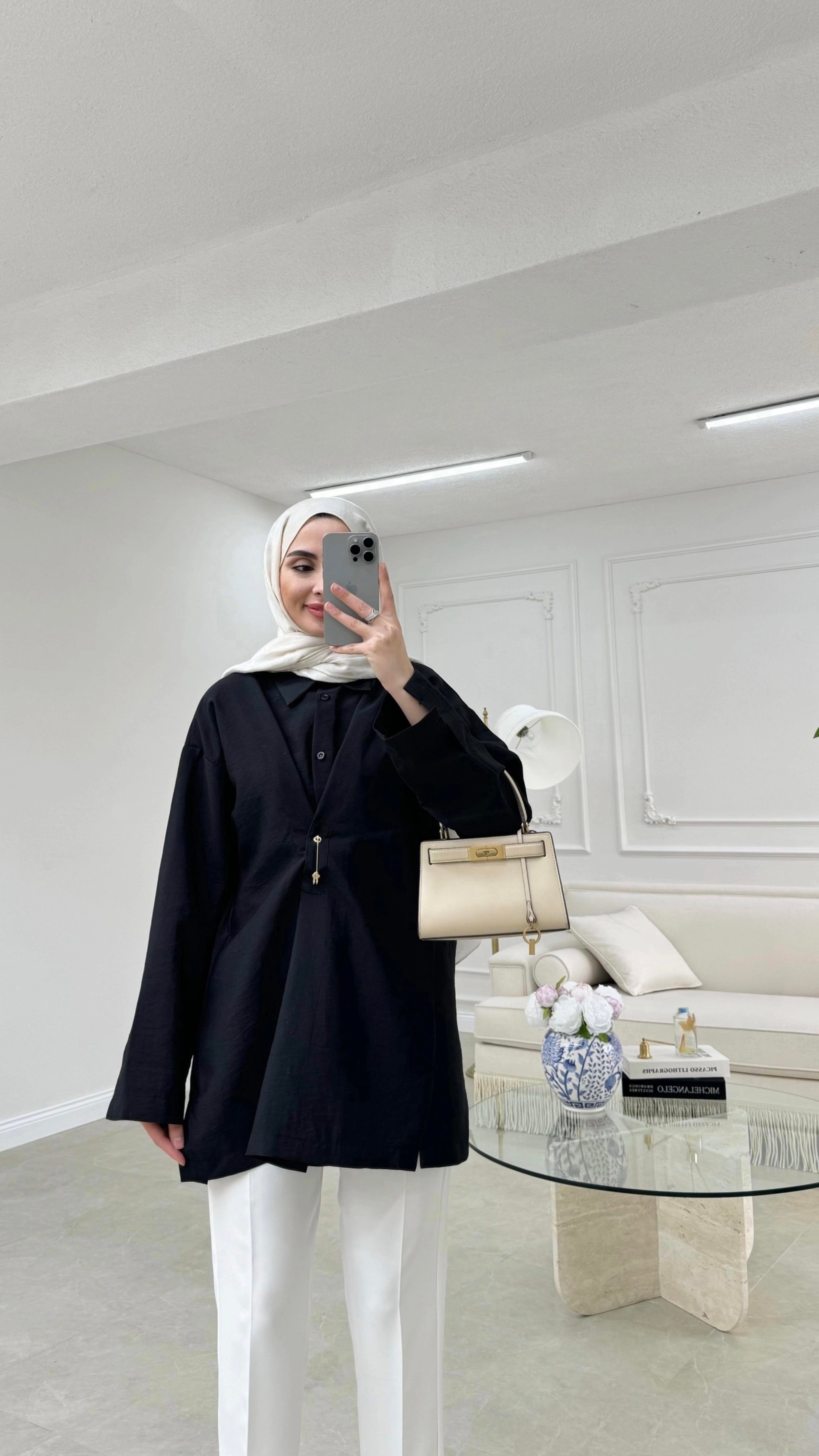 Broşlu Cupra Gömlek Siyah 