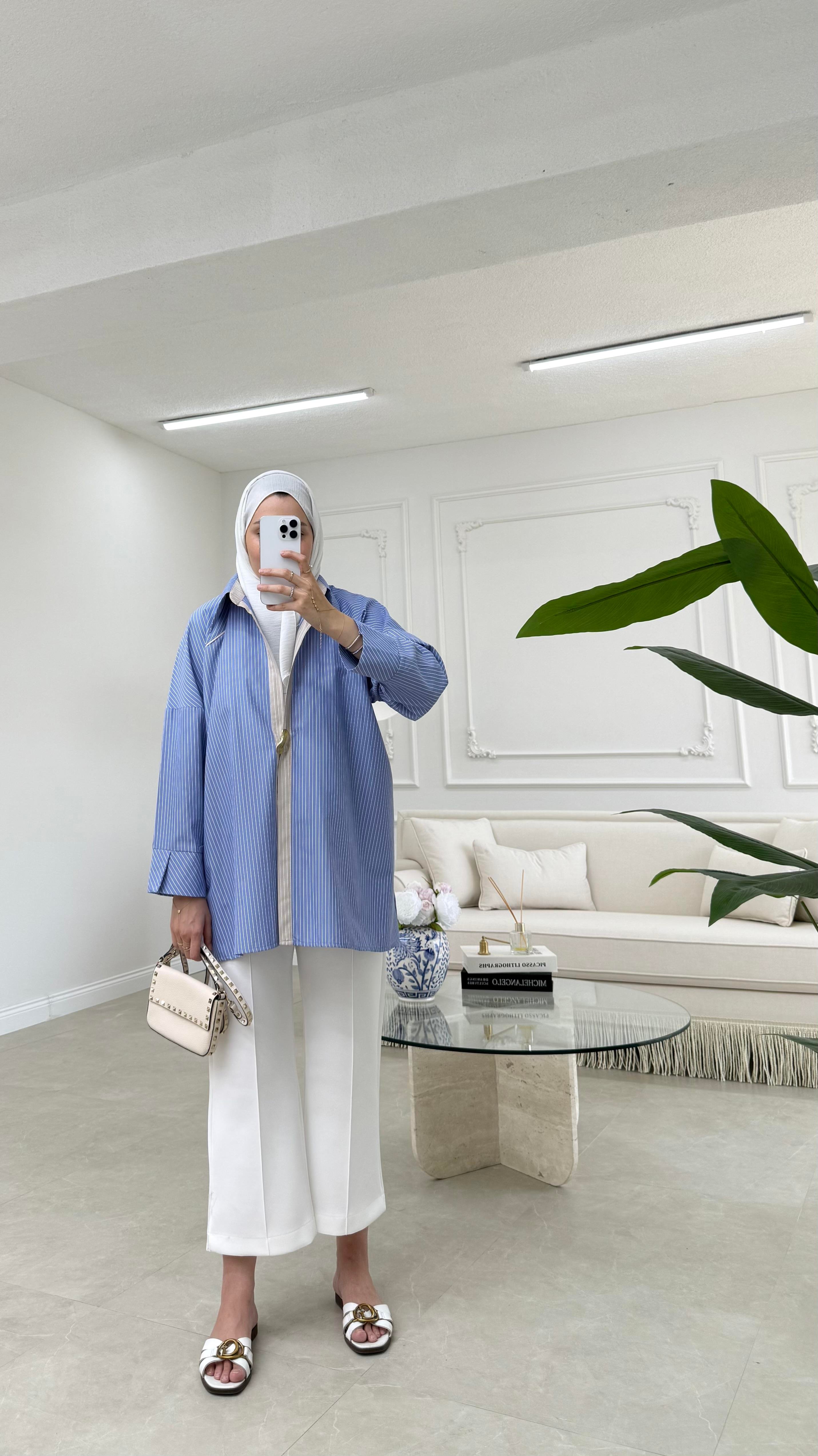 Broşlu Poplin Gömlek Mavi