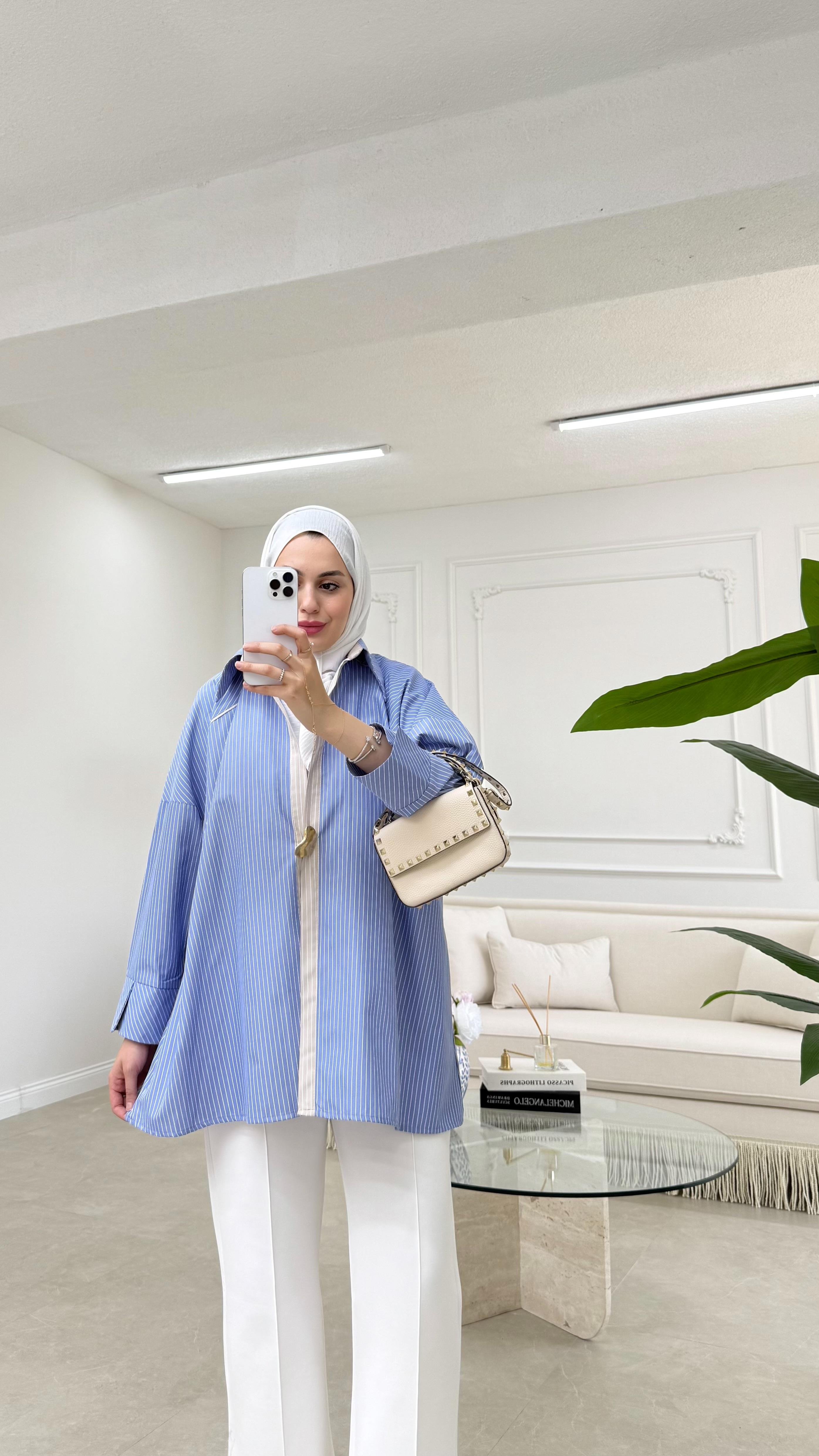 Broşlu Poplin Gömlek Mavi