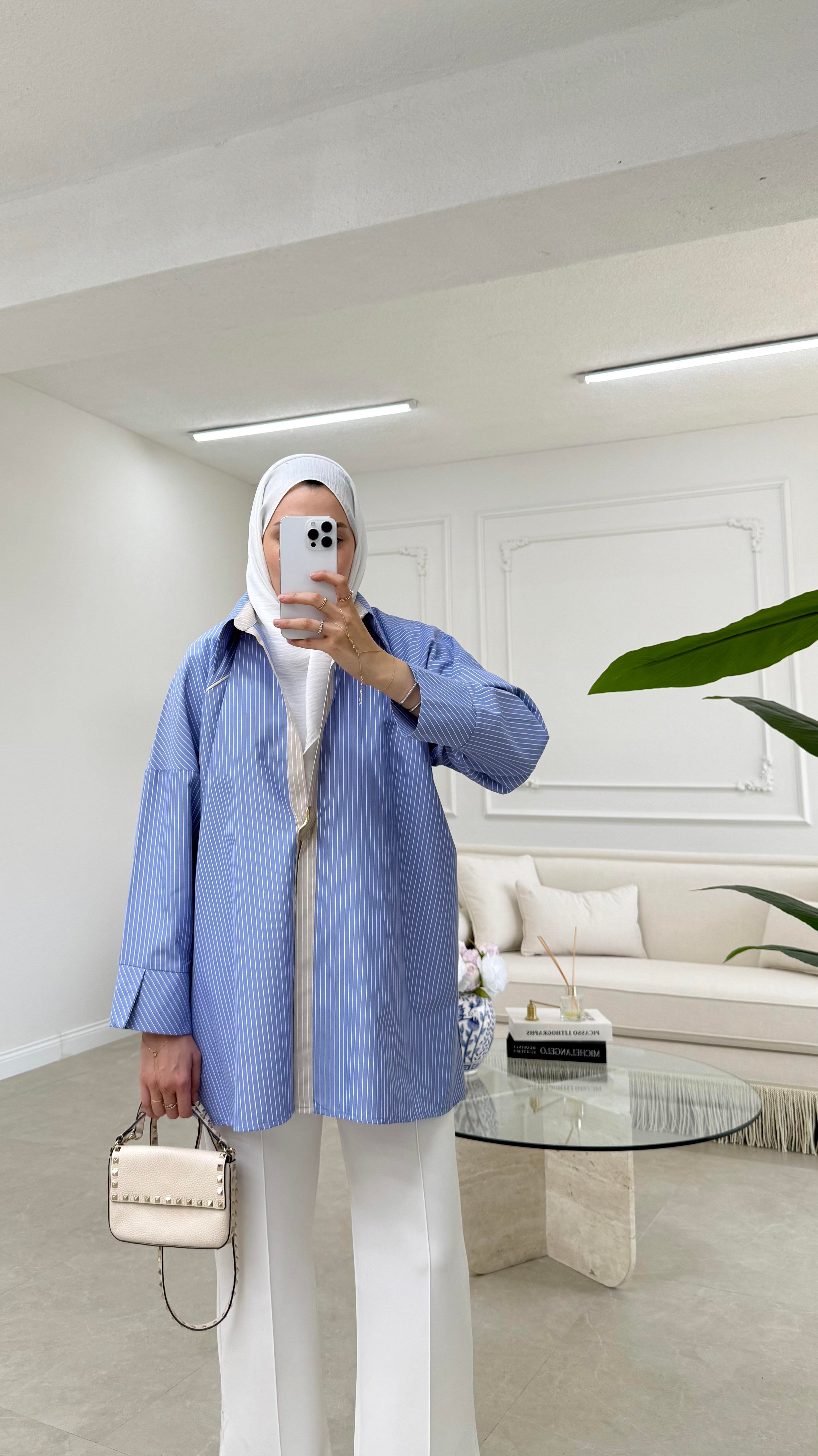 Broşlu Poplin Gömlek Mavi