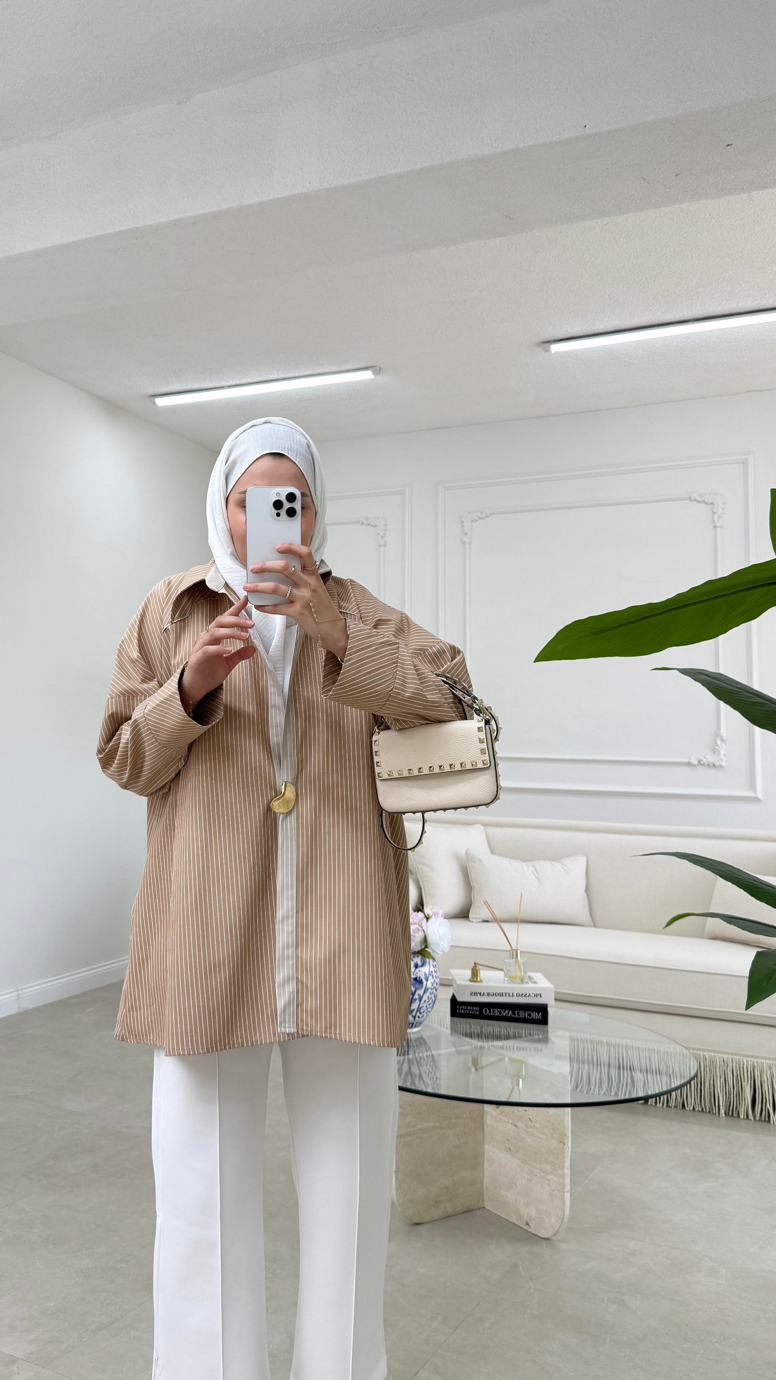 Broşlu Poplin Gömlek Vizon