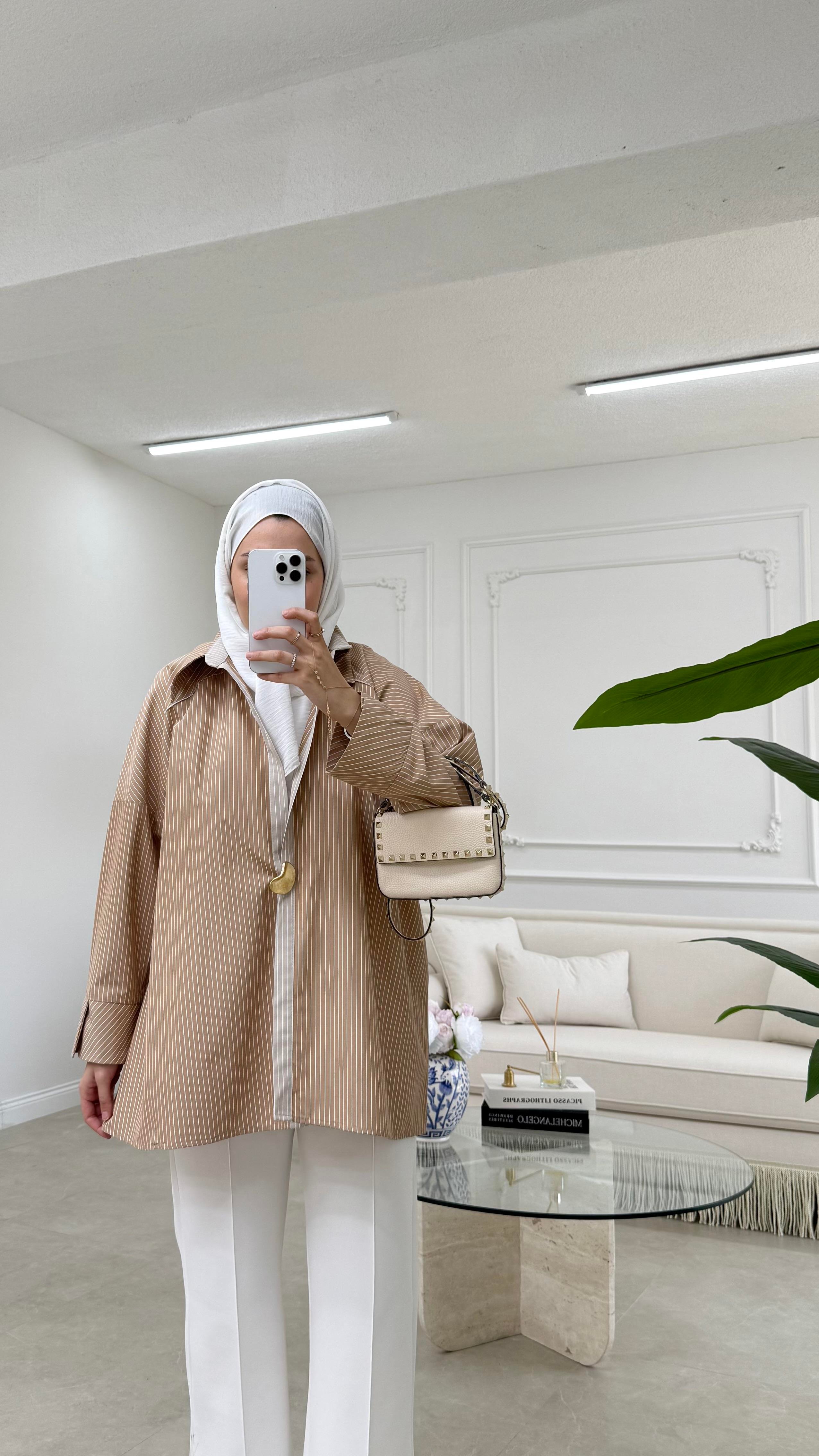 Broşlu Poplin Gömlek Vizon