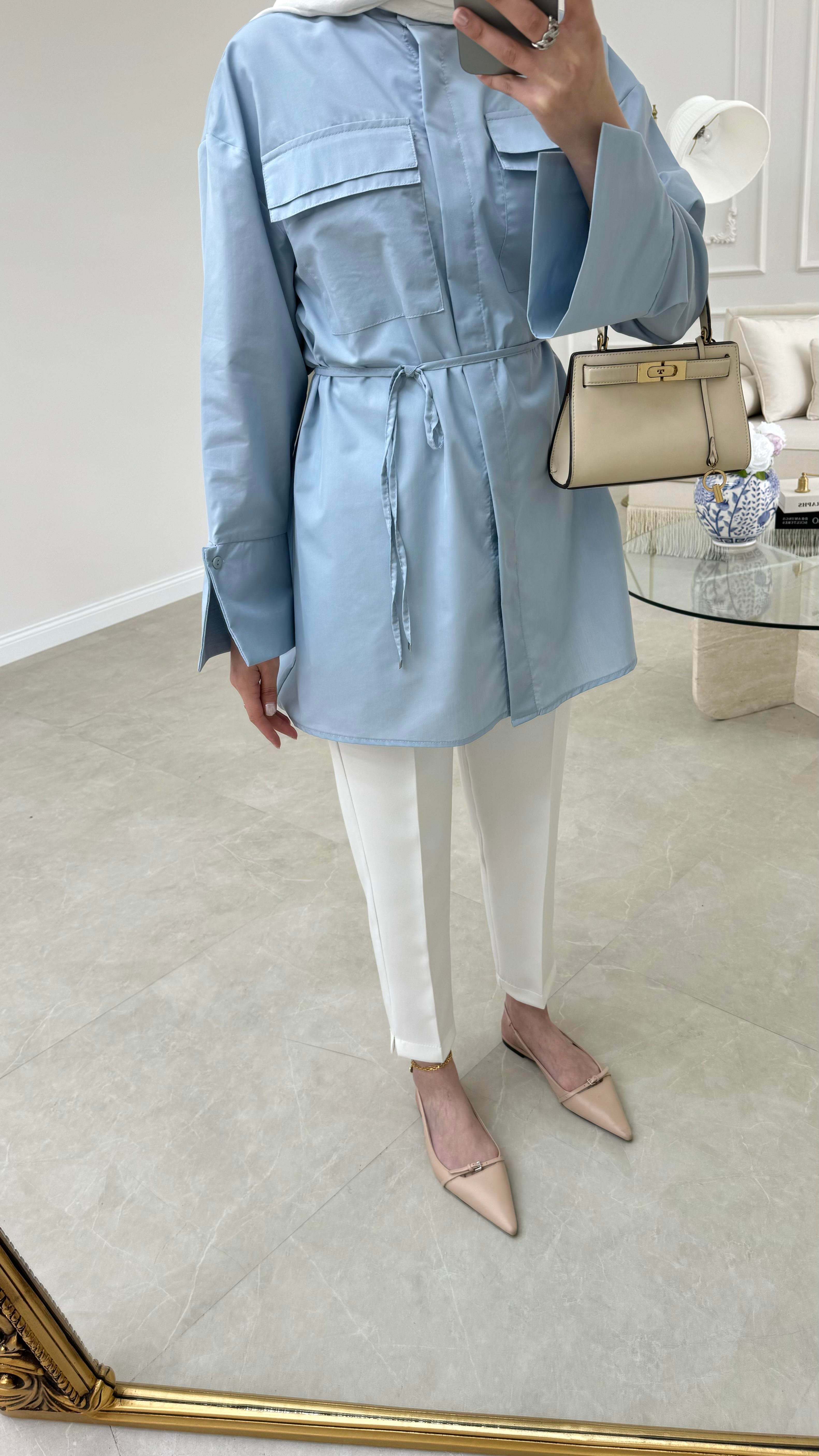 Cep Detaylı Poplin Gömlek Buz Mavisi