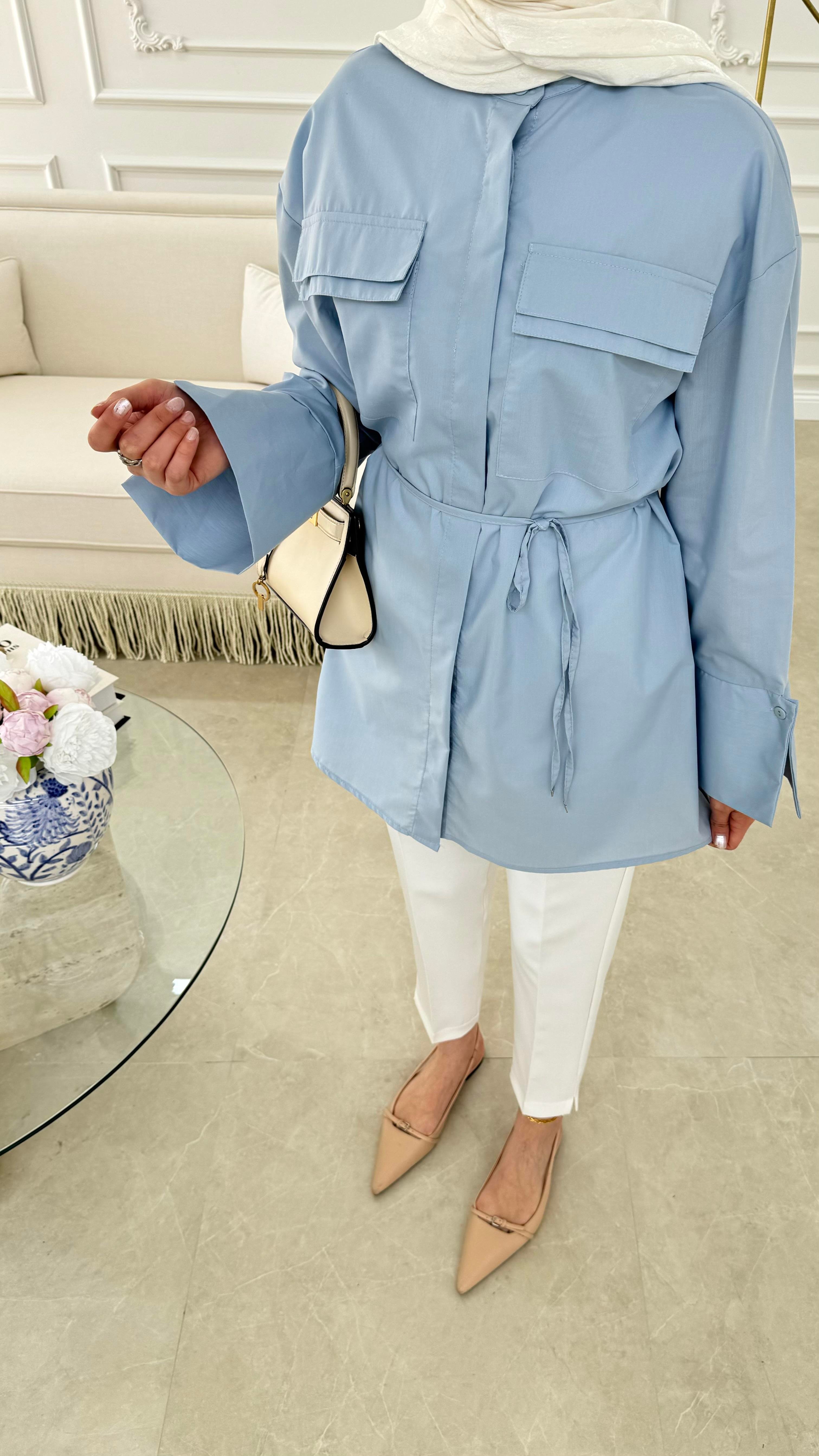 Cep Detaylı Poplin Gömlek Buz Mavisi