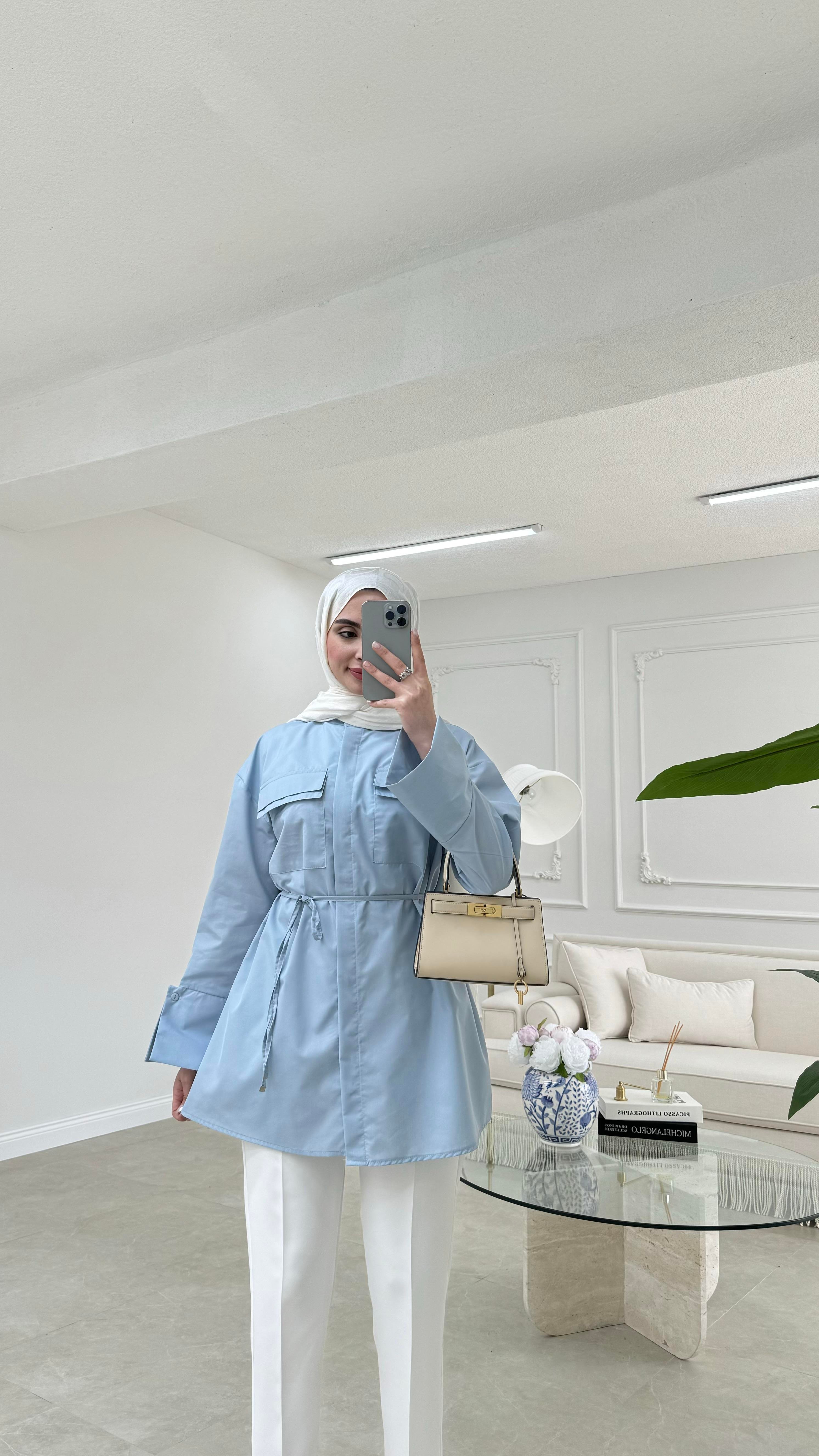 Cep Detaylı Poplin Gömlek Buz Mavisi