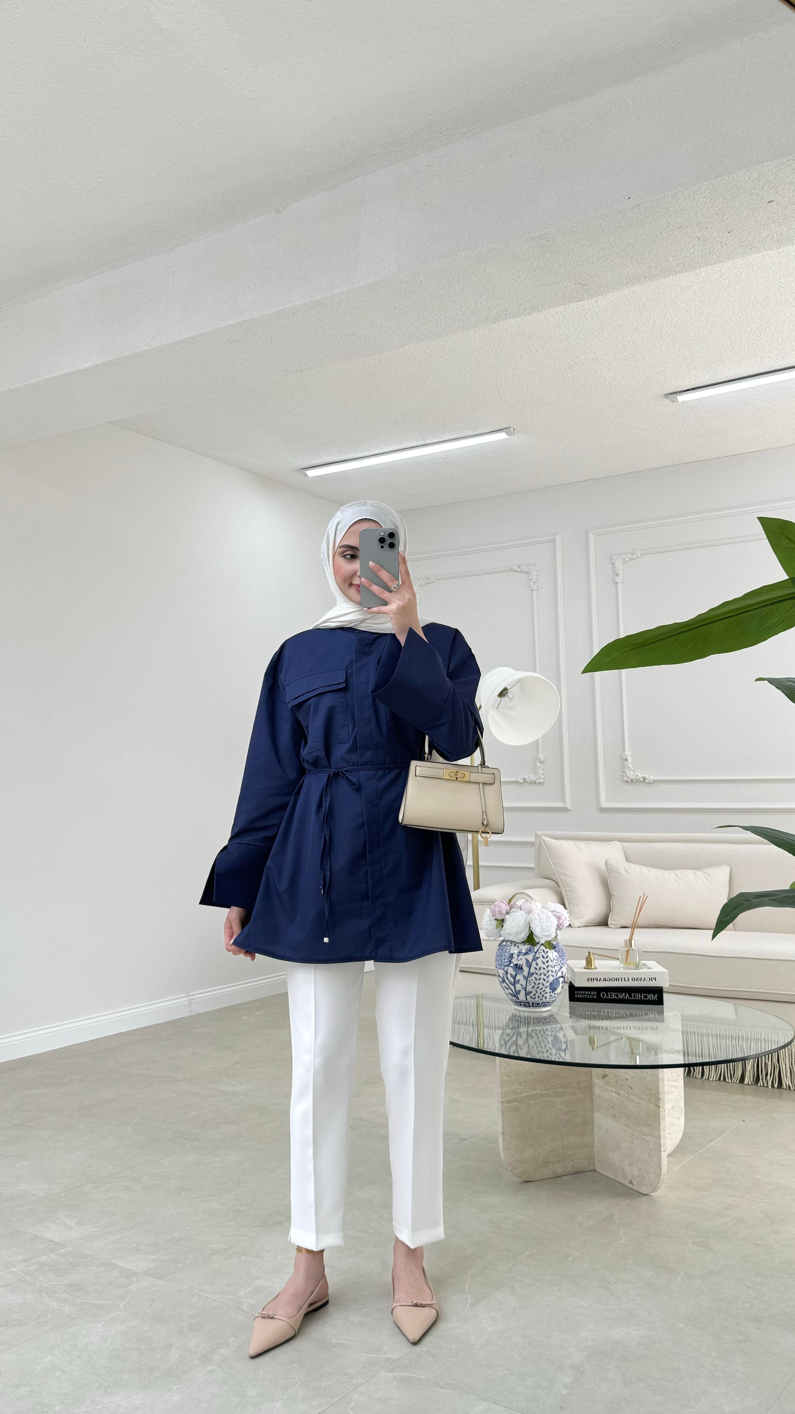 Cep Detaylı Poplin Gömlek Lacivert