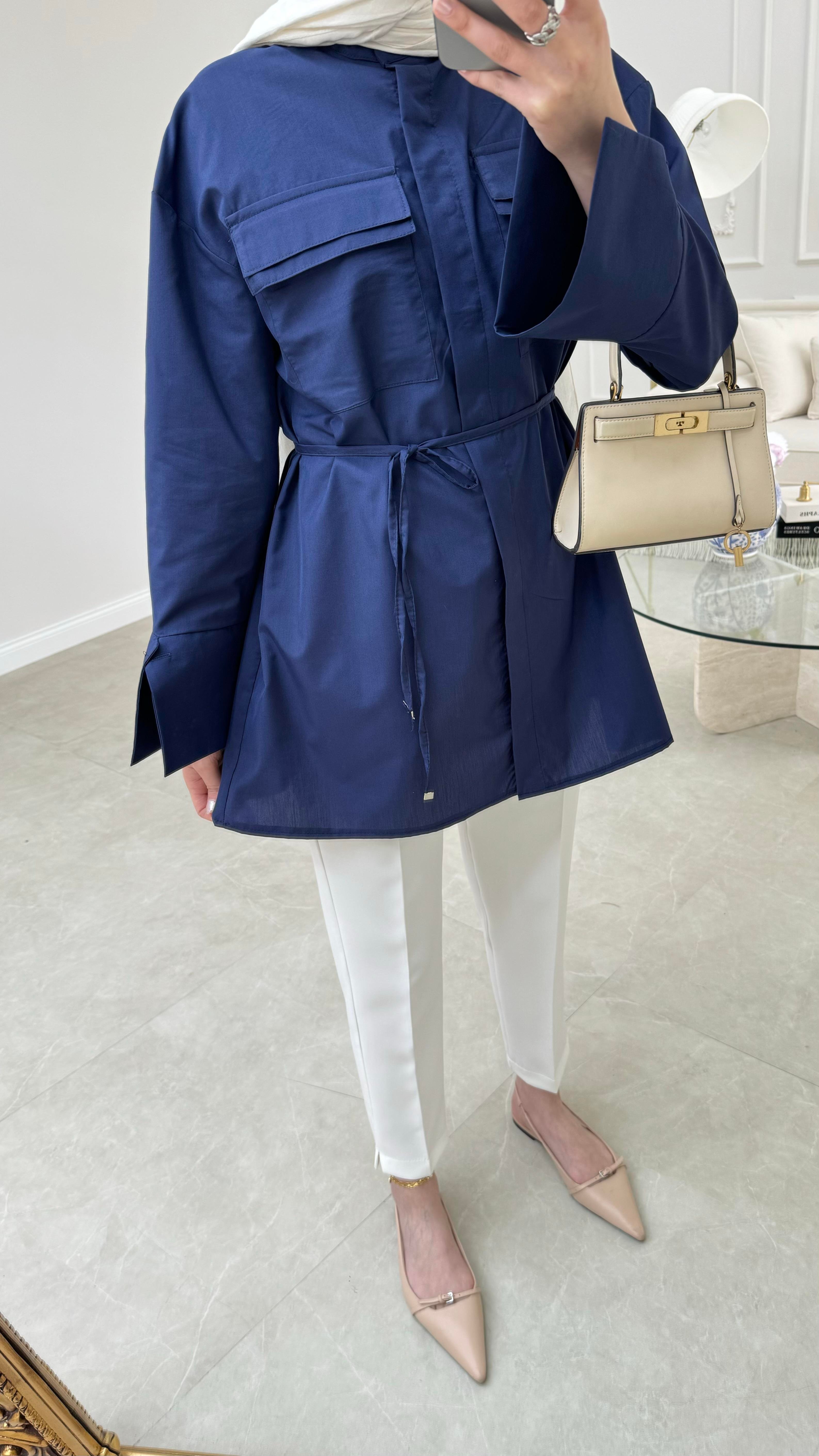 Cep Detaylı Poplin Gömlek Lacivert