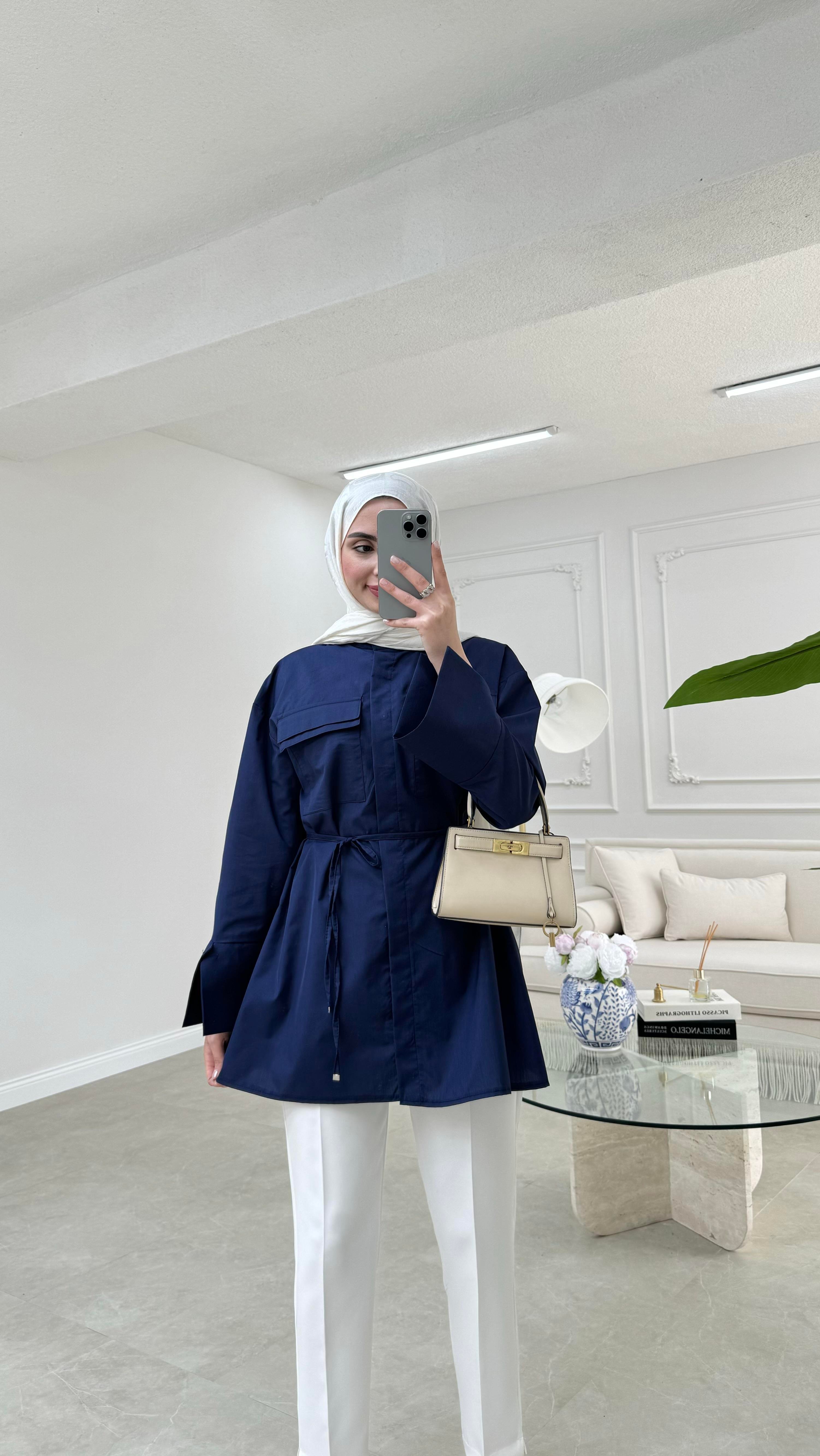 Cep Detaylı Poplin Gömlek Lacivert