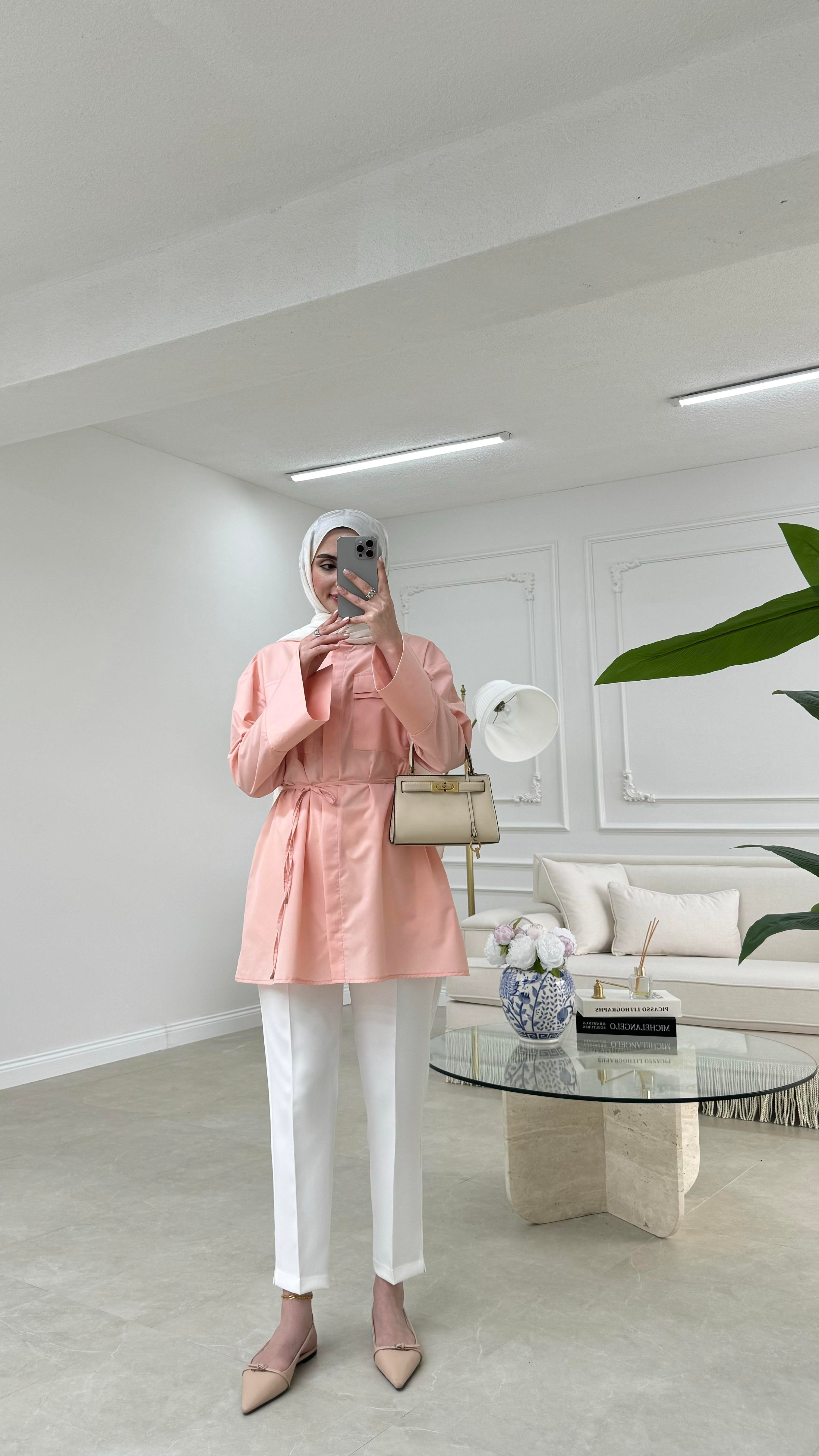 Cep Detaylı Poplin Gömlek  Somon