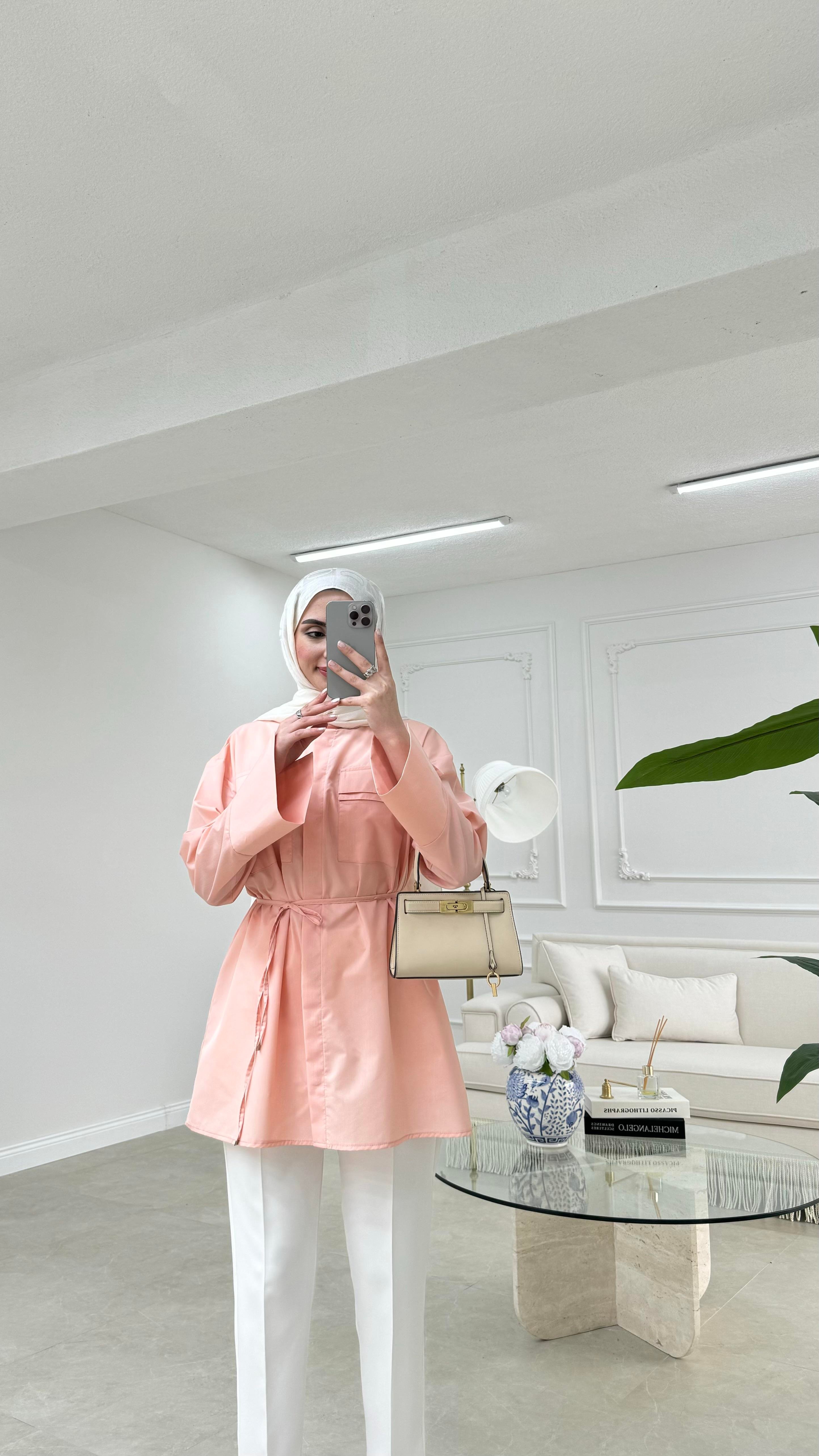 Cep Detaylı Poplin Gömlek  Somon