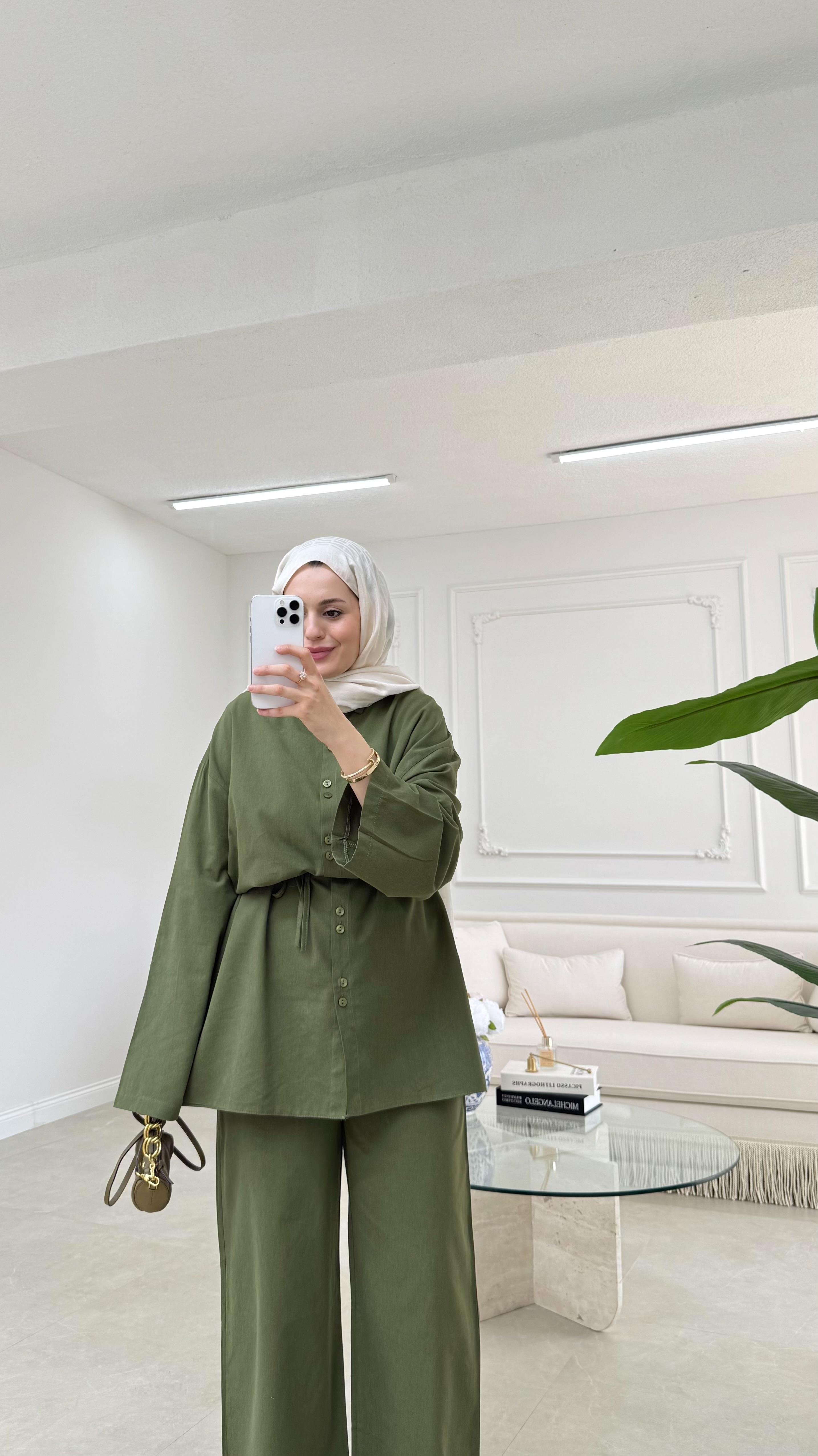 Çift Düğmeli Keten Takım Yeşil