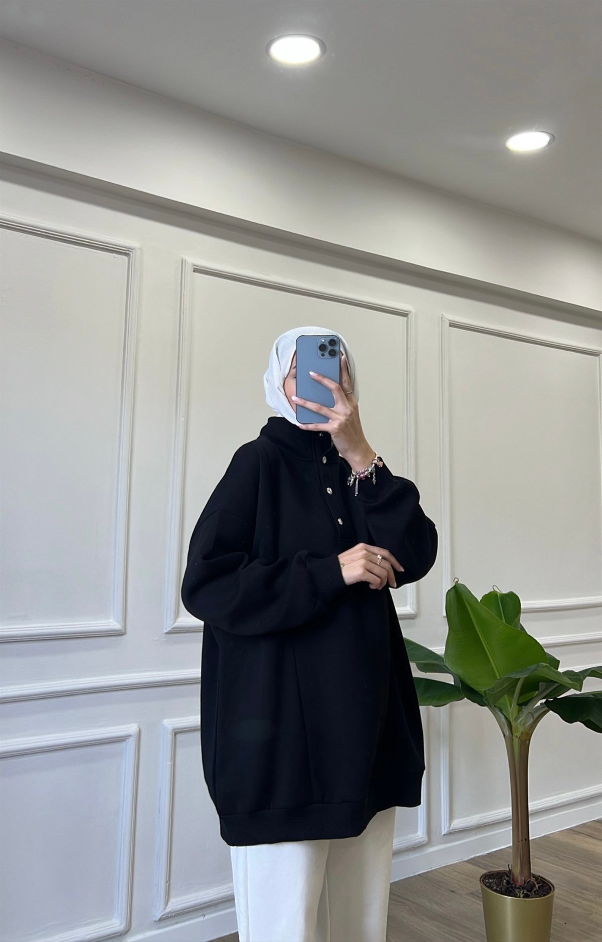 Çıtçıtlı Sweatshirt - Siyah