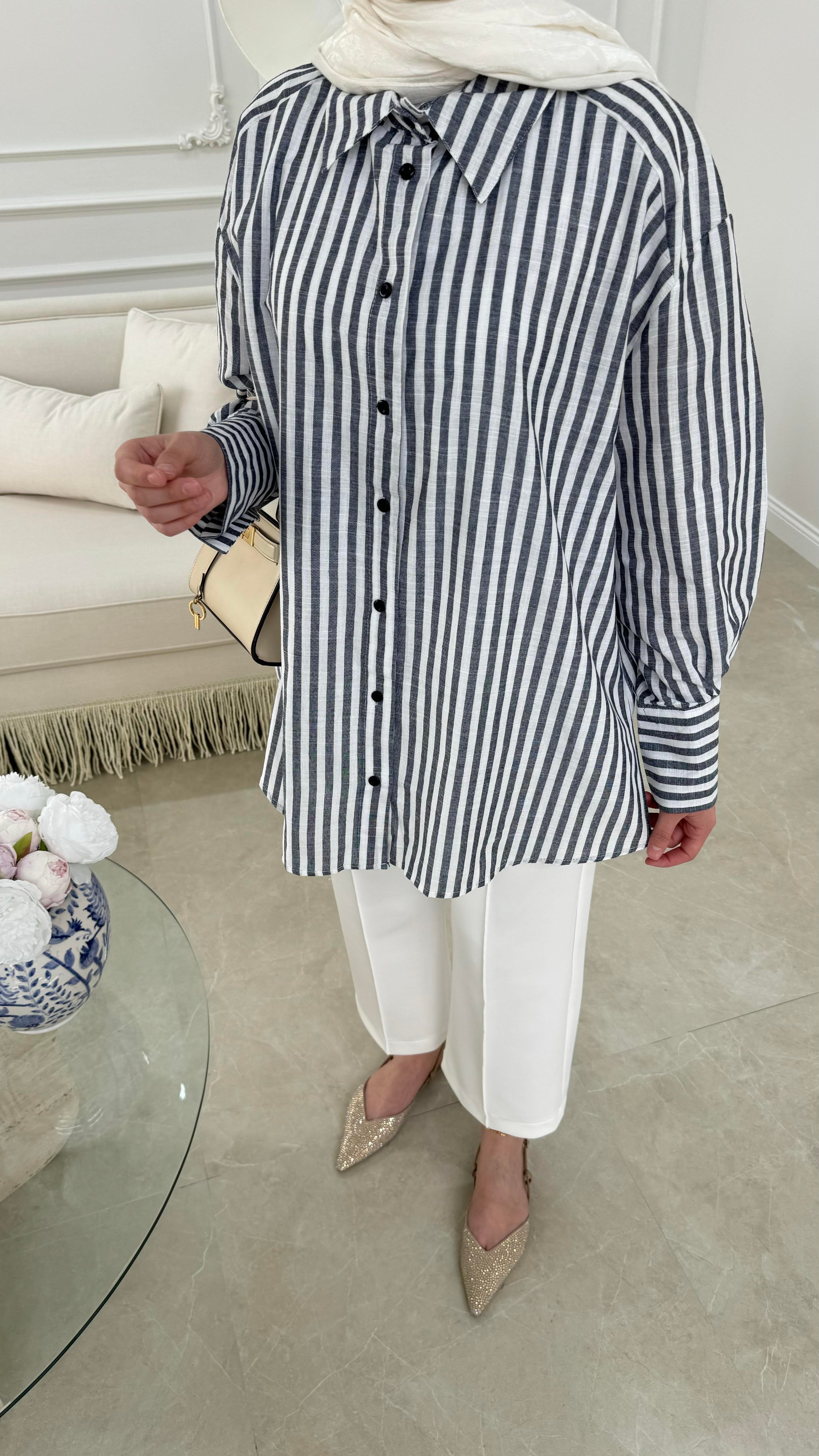 Çizgili Keten Gömlek Lacivert