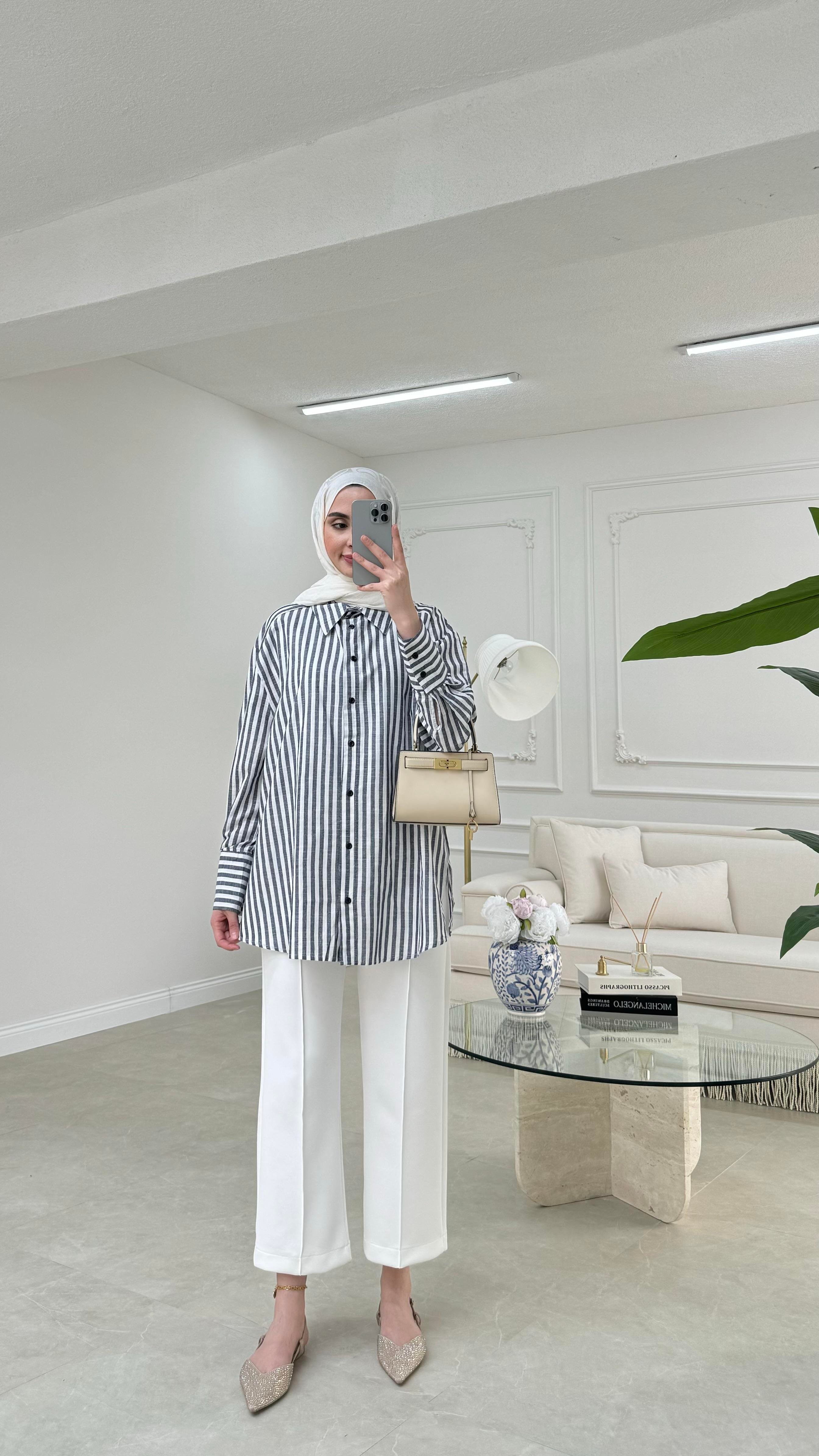 Çizgili Keten Gömlek Lacivert